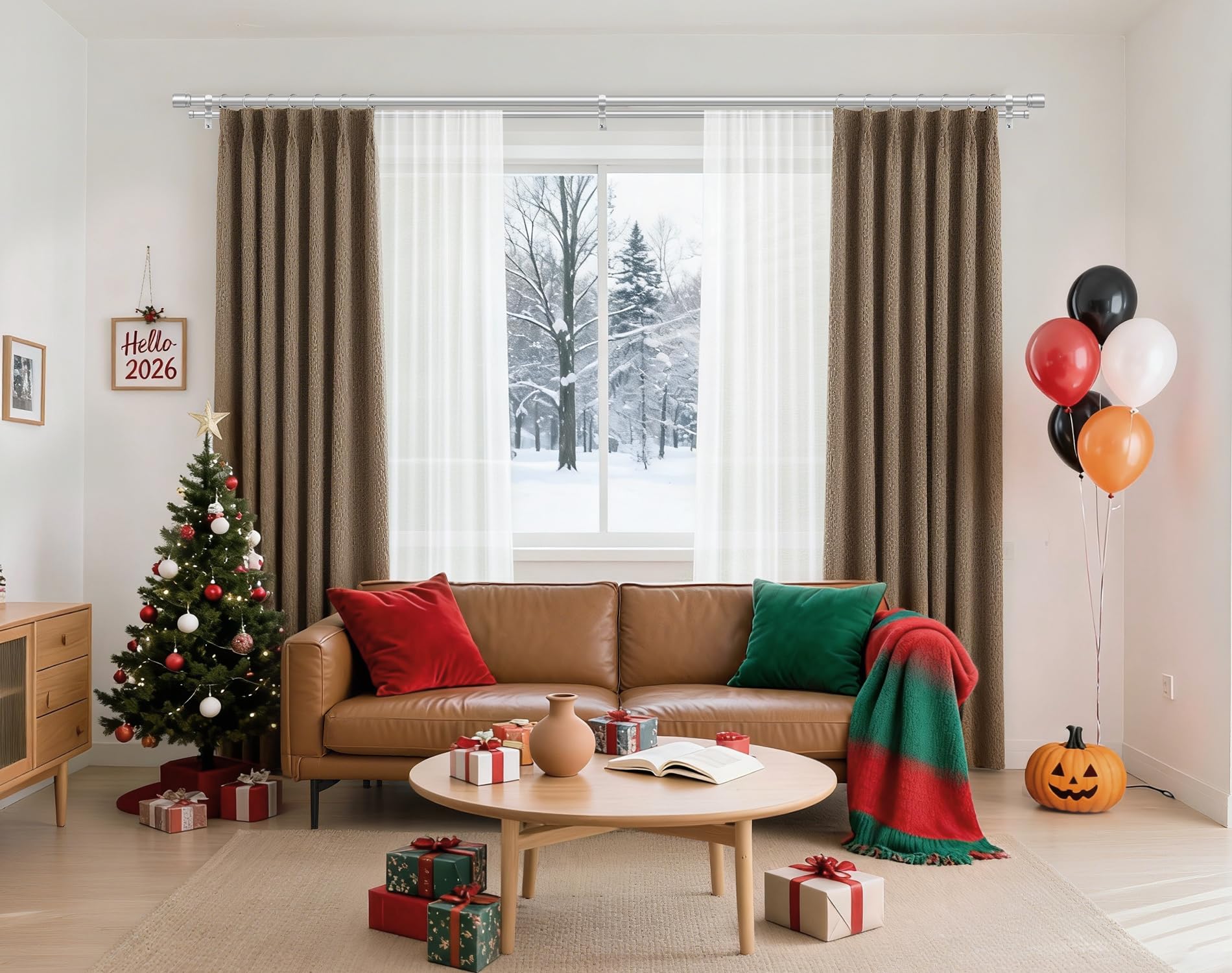 HOTOZON Barra Doble para Cortinas Plata 190-355 cm, Barras Extensibles de 25 mm para Cortinas con Ojales, Barra para Cortinas de Ventana Montada en la Pared con Remates con Tapón Para Salón