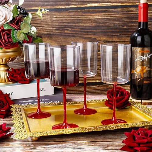 Miniatura 4 de Ciaell Paquete de 12 copas de vino de plástico transparente de 10 onzas con tallo rojo, copas de cóctel desechables perfectas para fiestas, bodas,