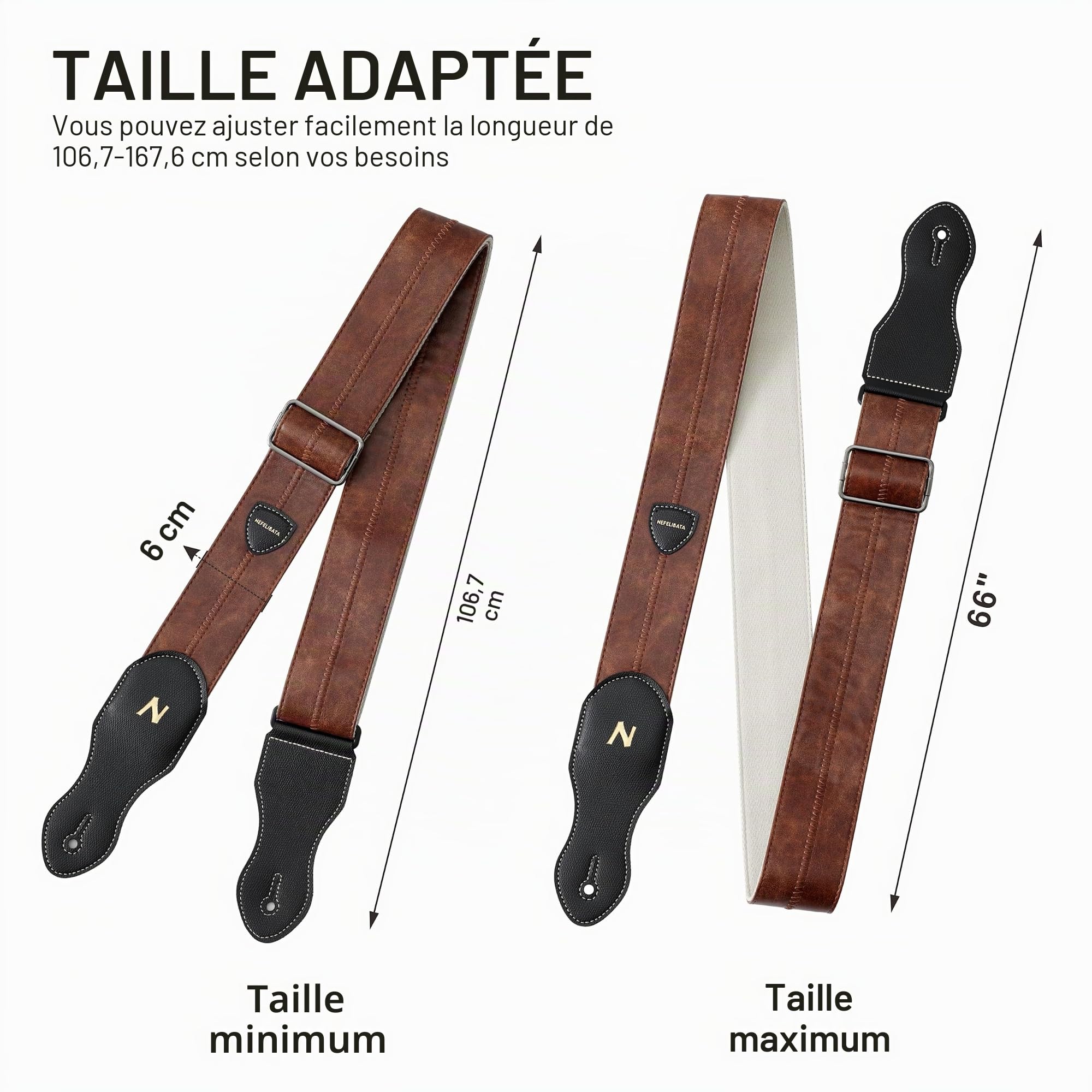 Nefelibata Sangle de guitare avec poche pour médiator, 5,8 cm, en cuir végétalien, style vintage des années 60 (marron)