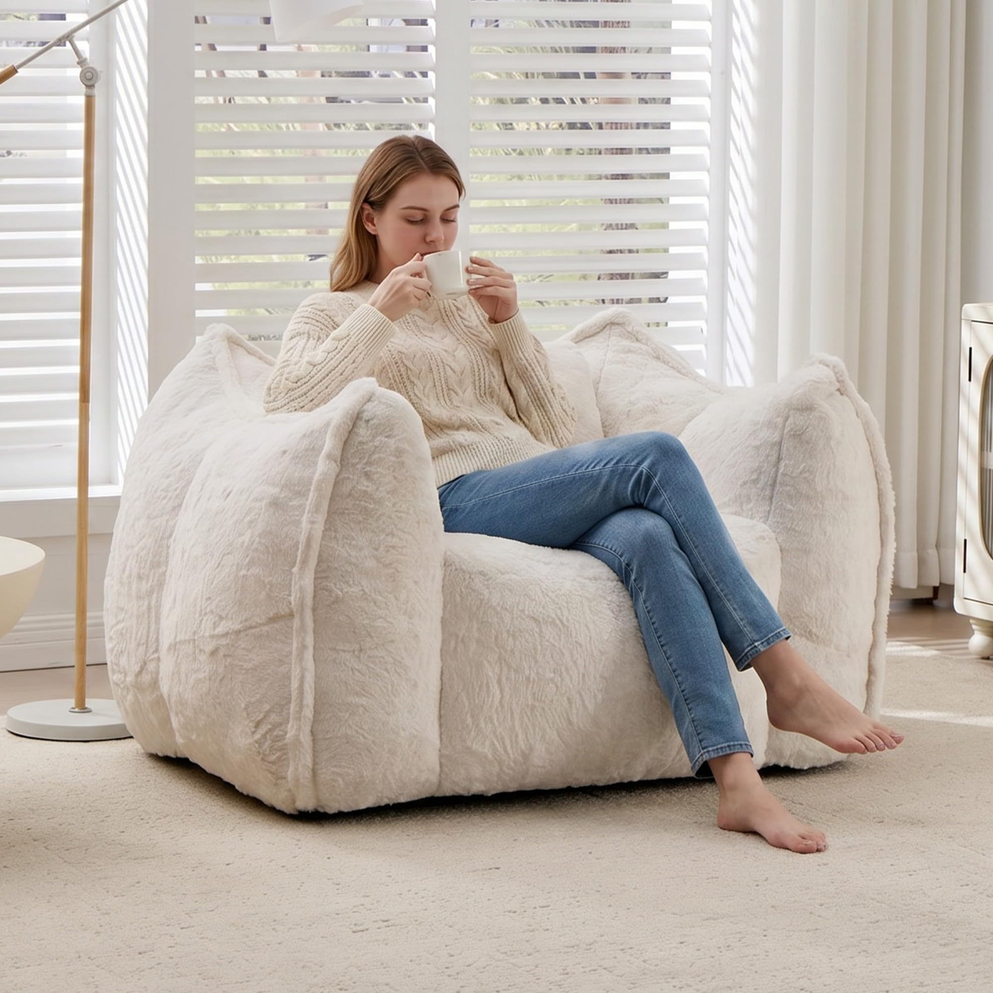 Puf gigante de piel sintética con cojín, cómodo para leer y jugar, para adultos y niños, para salón o dormitorio, color beige