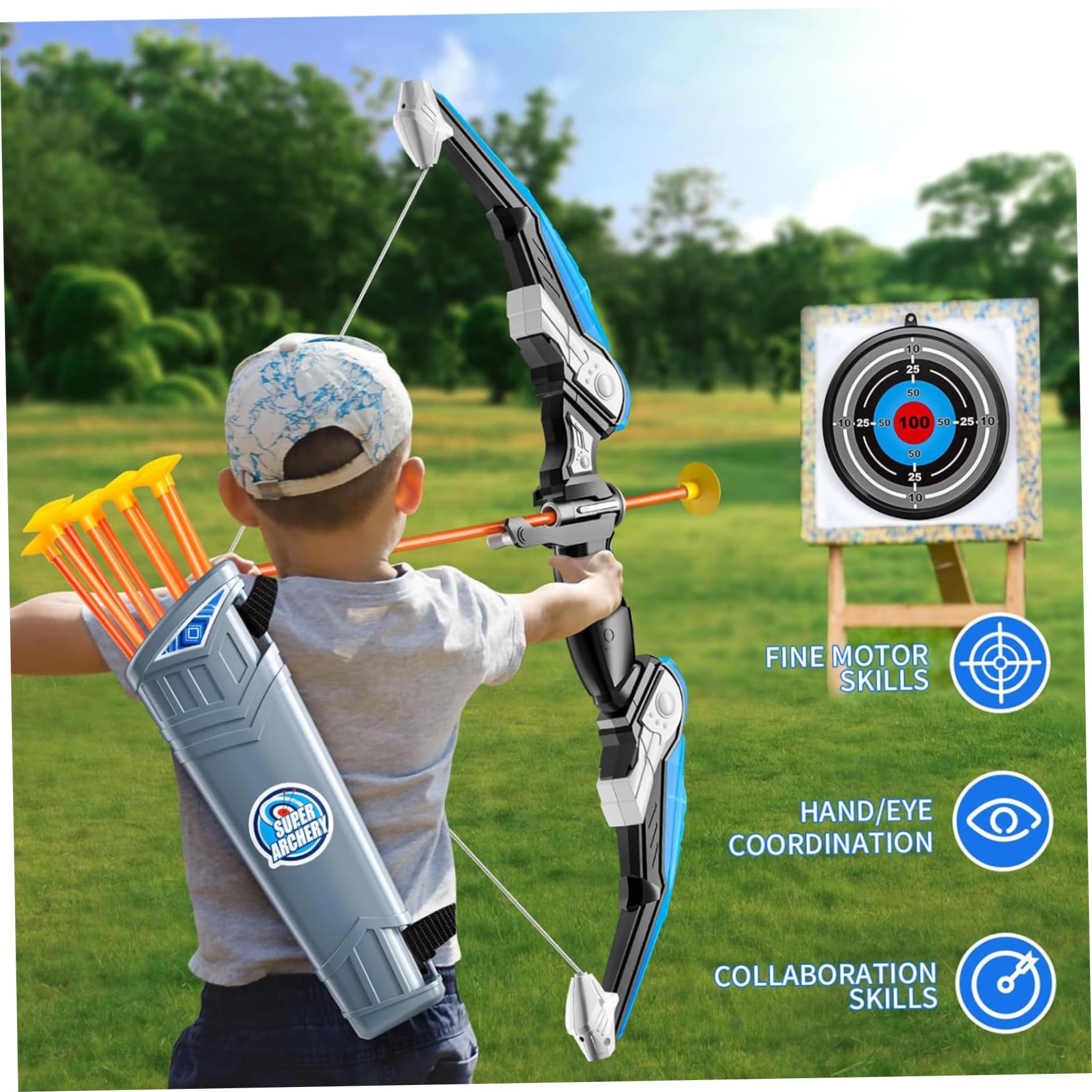 Kids Bow And Arrow Set con Luce a LED, Include Prua, frecce, Custodia, Dartboard e Bottiglie, Giocattoli educativi per età 4-12
