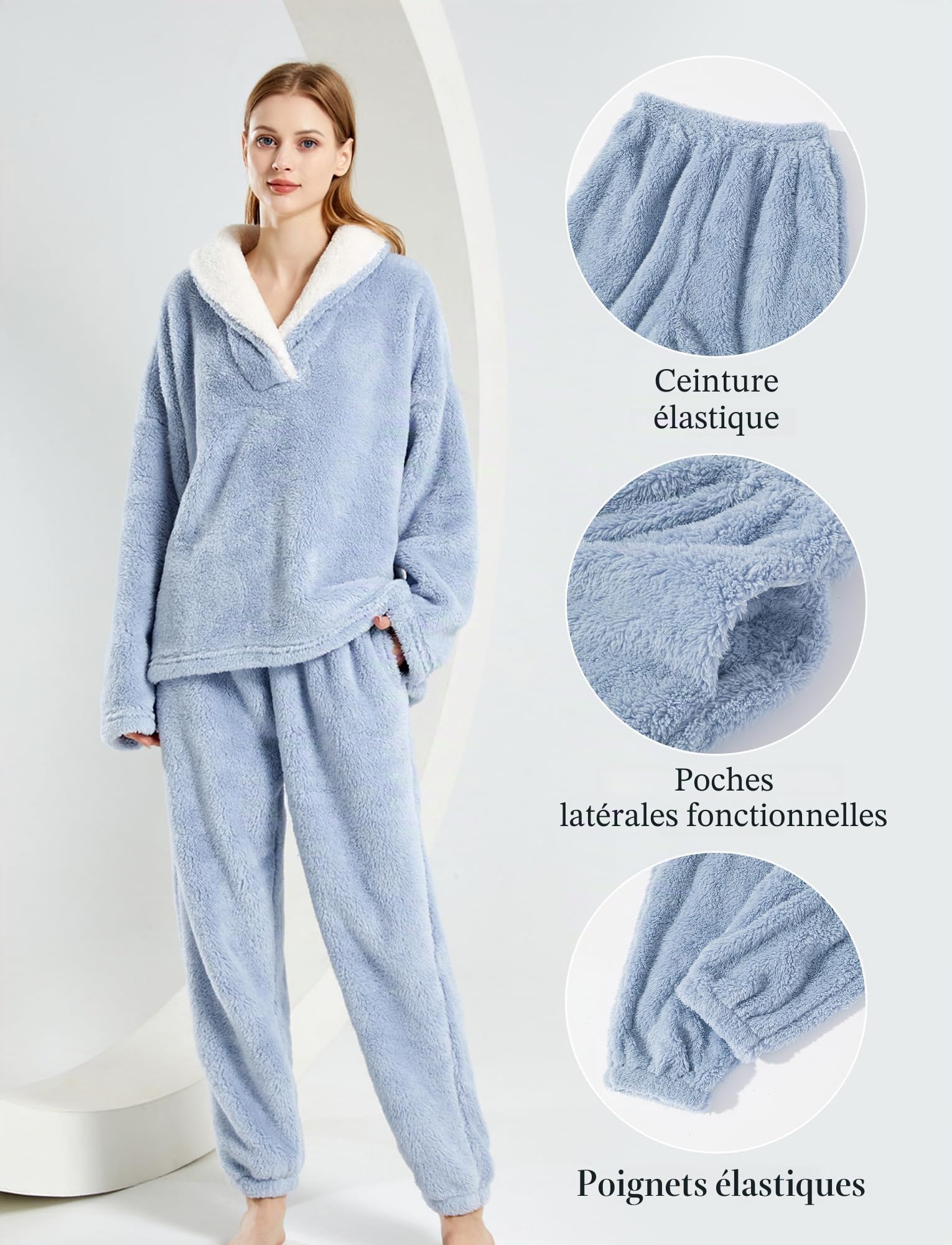 Pyjama Femme Hiver en Peluche Ensembles de Pyjamas Polaire Chaud 2 Pièces Filles Chemise de Nuit Vêtements de Maison EU XS-XL