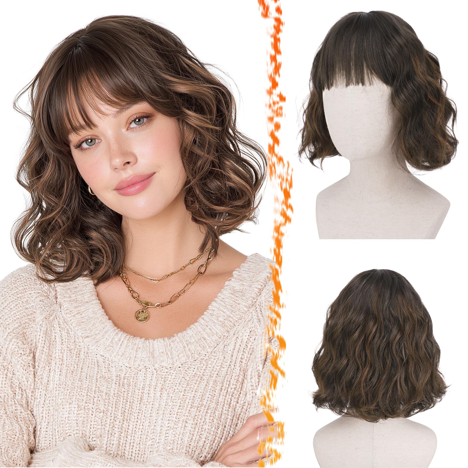 BARSDAR Short Wavy Mix Brown Wig with Bangs, Short Mix Brown Bob Wigs for Women