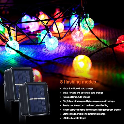 Miniatura 6 de SURNICE Tira de luces solares, resistente al agua, para exteriores, 100 LED, 40 pies, 8 modos de iluminación, luces de patio con energía solar para