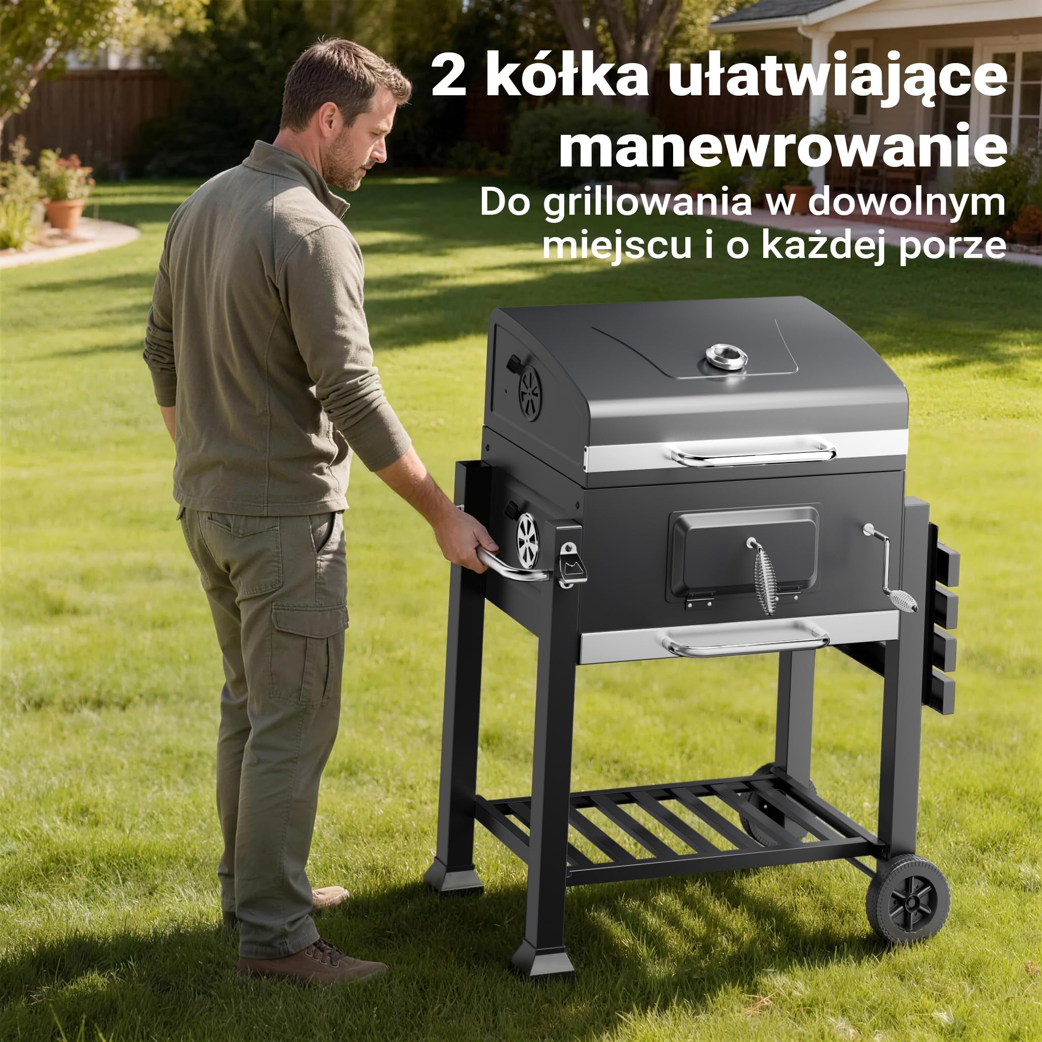 Wiltec Grill węglowy z pokrywą, termometrem i regulacja wysokości półki, prostokątny mobilny grill stojący ze stali do grillowania w ogrodzie