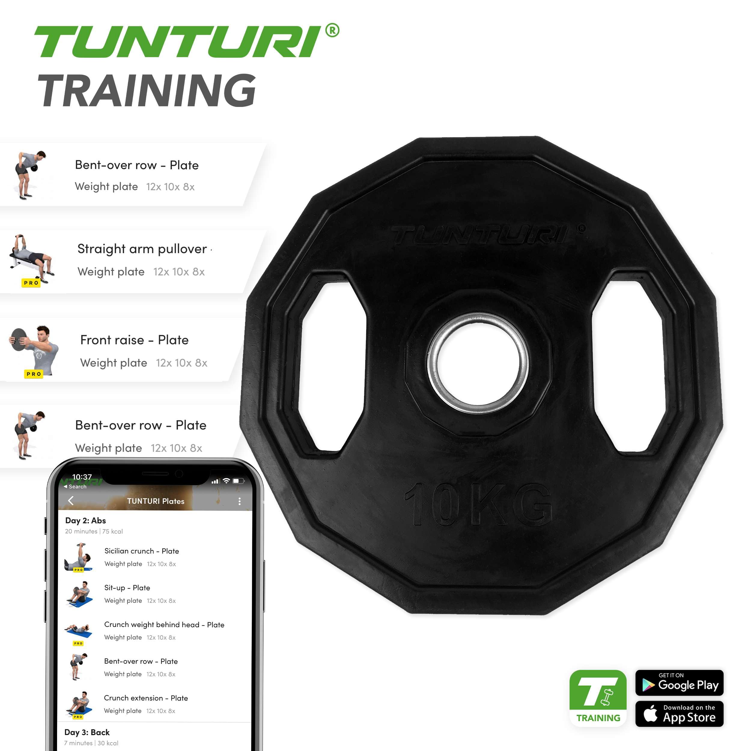 Tunturi Gewichtscheiben 50 mm, 2 x 1,25 kg, Hantelgewichte aus Gummi mit Griffen
