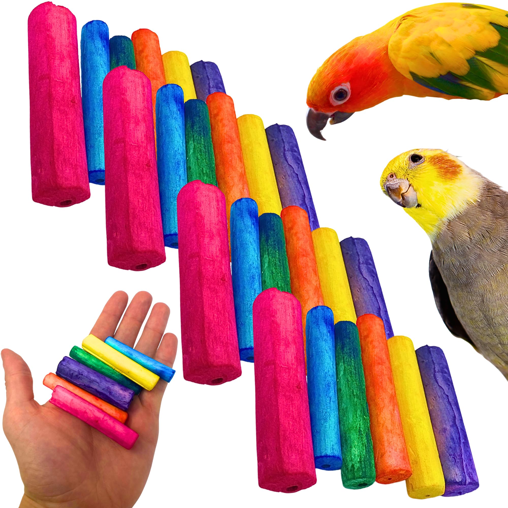 Bonka Bird Toys 2935 Pk24 Mini Colored Sola Sticks 1.5"–2.5" Natural Soft Wood Chew for Extra Small to Medium Birds Foraging and DIY Toy Craft Enrichment