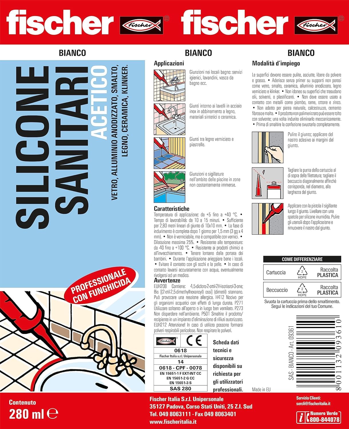 Fischer 25 pezzi Silicone Acetico Antimuffa SAS 280 ml, Bianco, per l'Impiego in Ambienti Sanitari