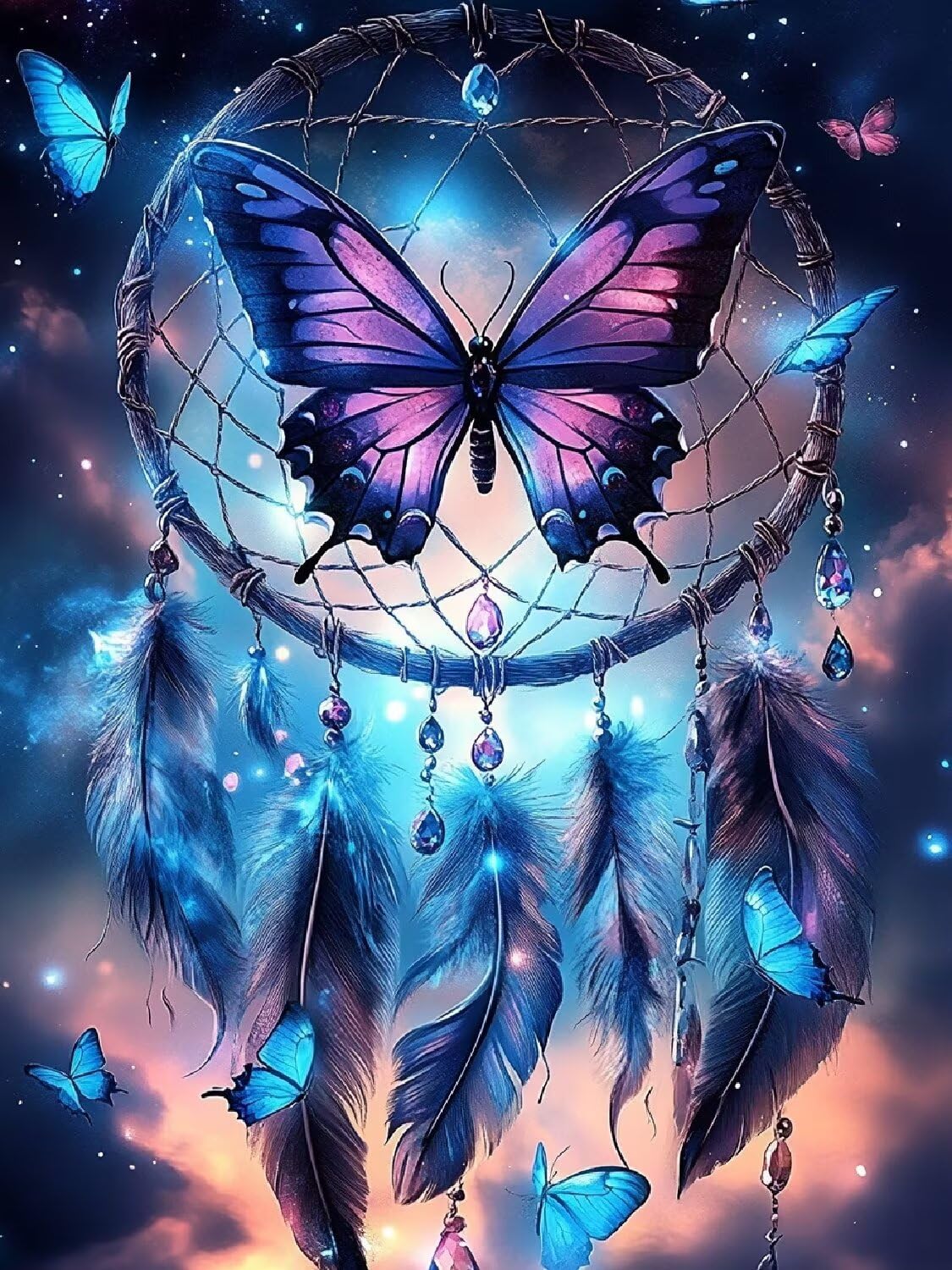 Traumfänger Diamond Painting Erwachsene, 5D Diamond Painting Kinder ab 6 Jahre Schmetterling Quadratische Steine, DIY Diamant Bilder Mosaik Bastelset, Daiments Stickerei Festival Deko 80x100cm C3-755