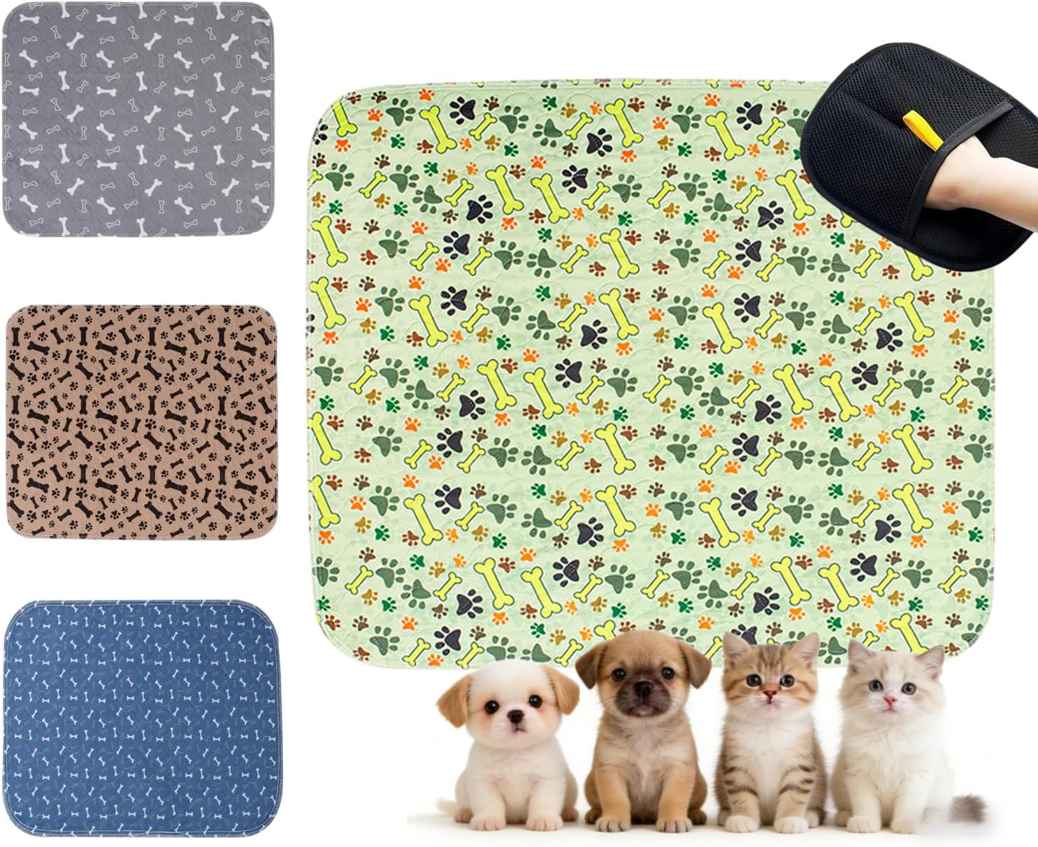 Puppy Pads with Pheromones, Washable Pee Pads for Dogs Potty Training, Reusable Dog Mat with Pet Hair Removal Gloves for Playpen, Crate, Whelping Box (Green,L)
