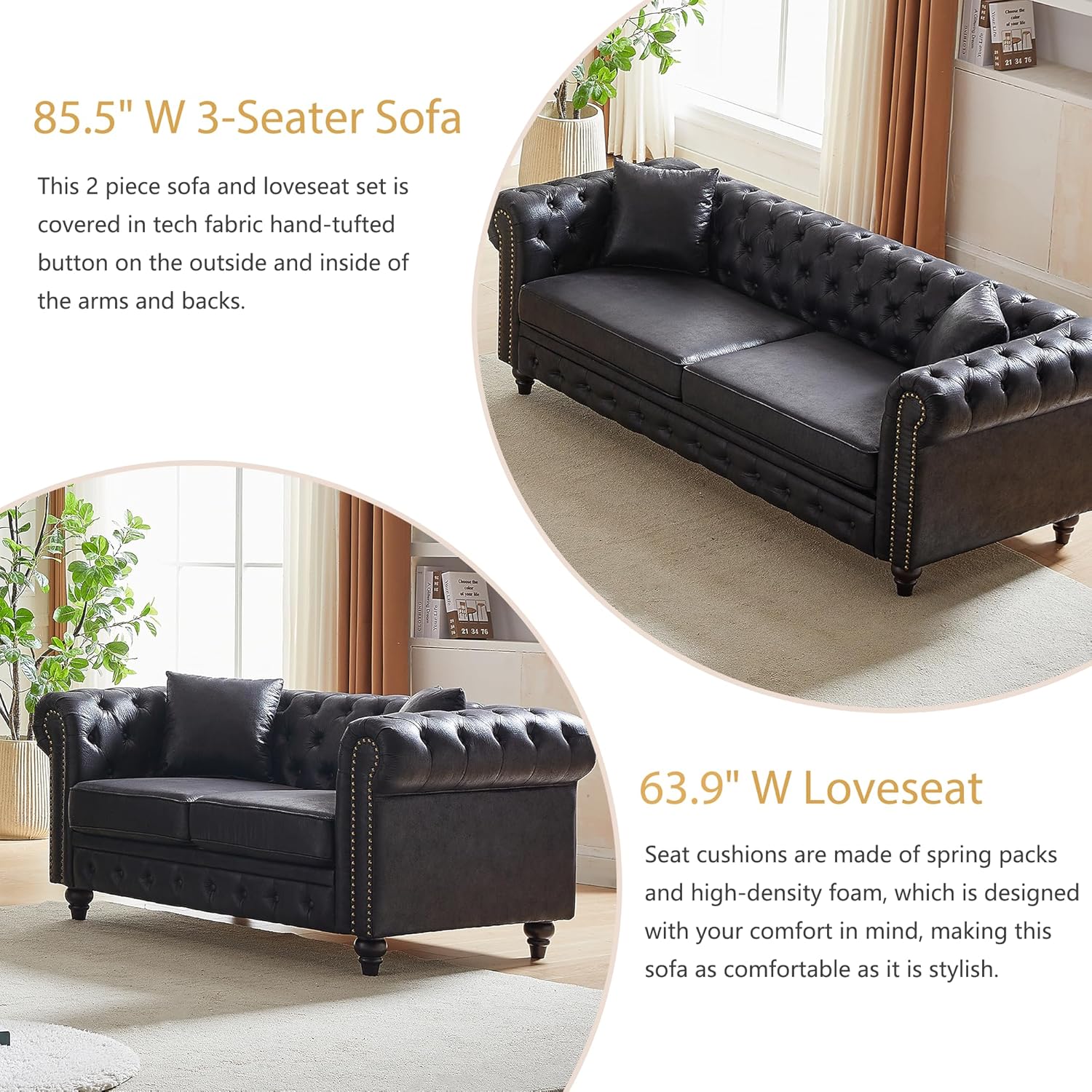 Harper & Bright Designs 2-Piece Tech Fabric Upholstered Living Room Sofa Set, Including 3-Seater Sofa and Loveseat with Button and Copper Nail on Arms, Four Pillows Included, Black