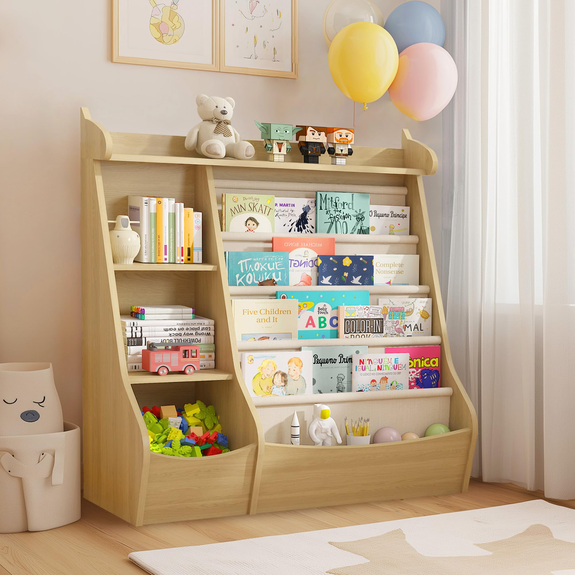 FKWin Kids Bookshelf, Kids Toy Storage Organizer, Baby Storage Book Rack, 4 Tier Kids Wooden Bookshelves, 4 Layer Sling Bookcase for Playroom, Bedroom, Living Room, Kids Room, Nursery, School(Natural)