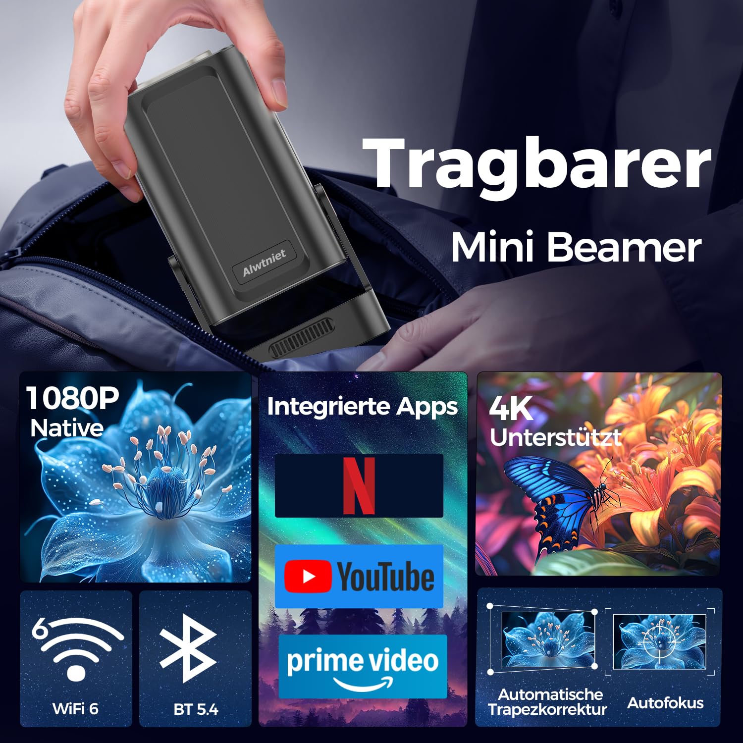 Alwtniet HY310 Mini Beamer 4K Unterstützt, 1080P Mini Projektor mit Autofokus & Automatische Trapezkorrektur, WiFi 6 Bluetooth 5.4, 180° Drehbar Android Heimkino Beamer
