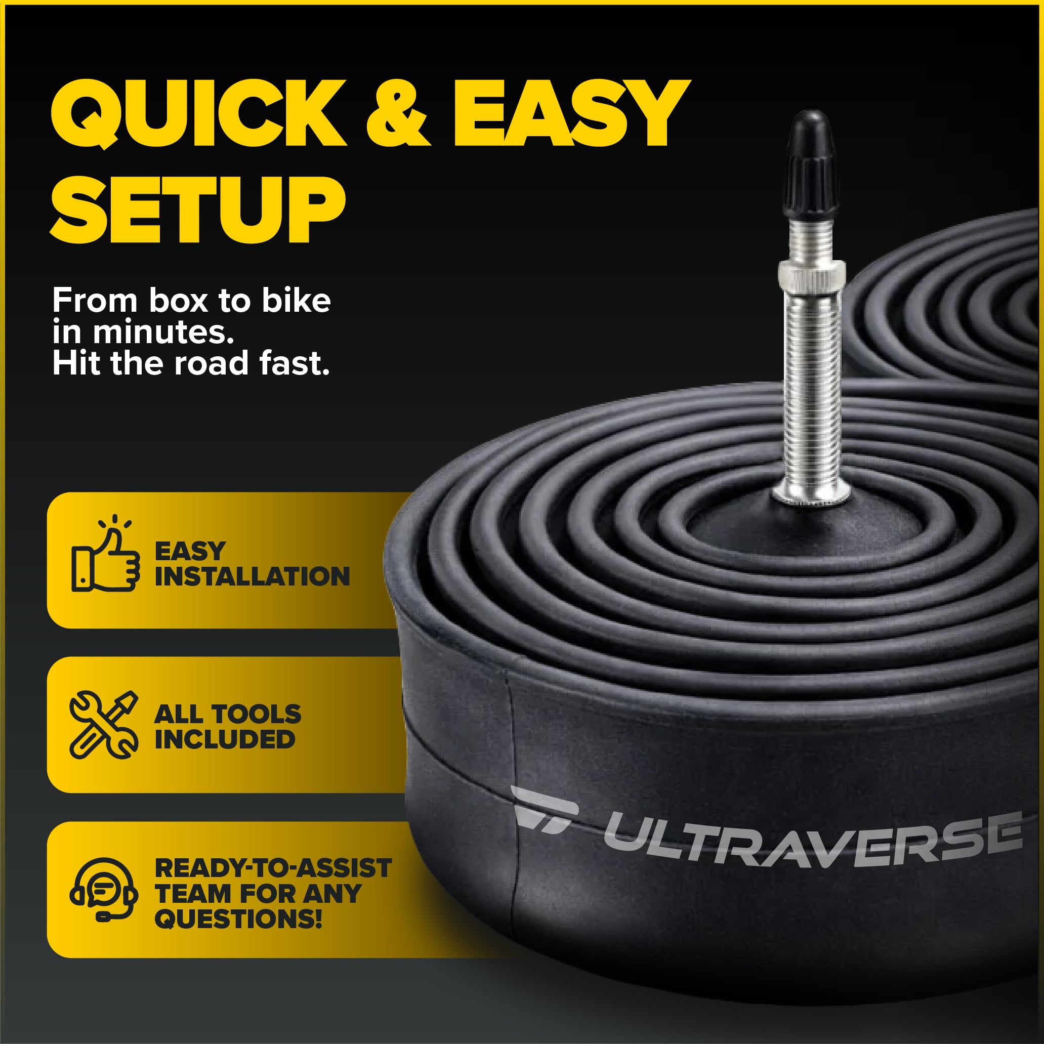 Ultraverse Chambre à air pour vélo 700 x 23-25c, 700 x 28-32c, 700 x 35-43c 71,1 cm avec valve Presta de 48 mm – Tubes en caoutchouc butyle pour vélos de route et de gravier – 2 tubes, 2 démonte-pneus