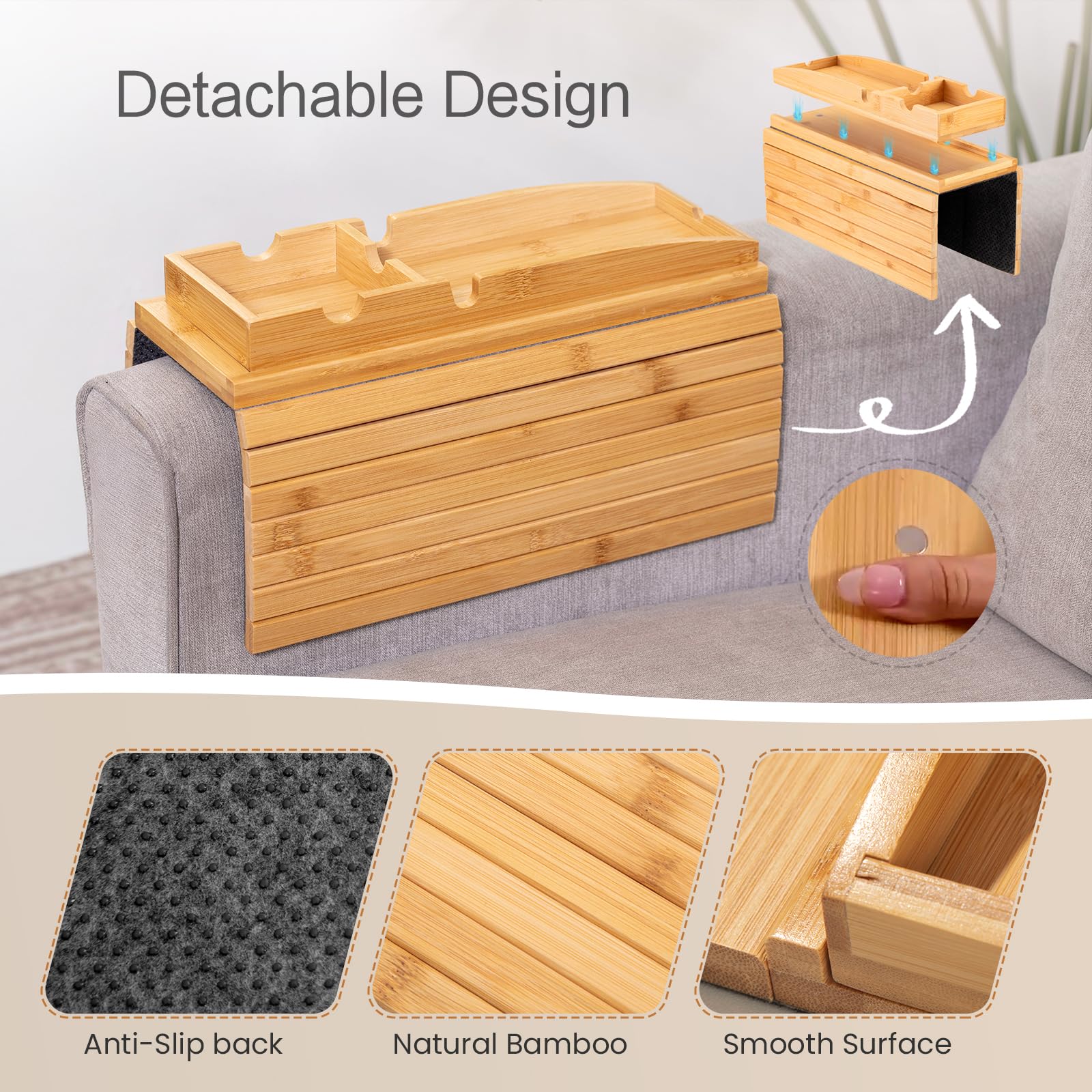 Bamboo Couch Arm Tray Table | 2-in-1 Detachable Sofa Tray with Slidable Cup Holder | Compact and Foldable Design with an Anti-Slip Surface for Drinks, Snacks, and Remote