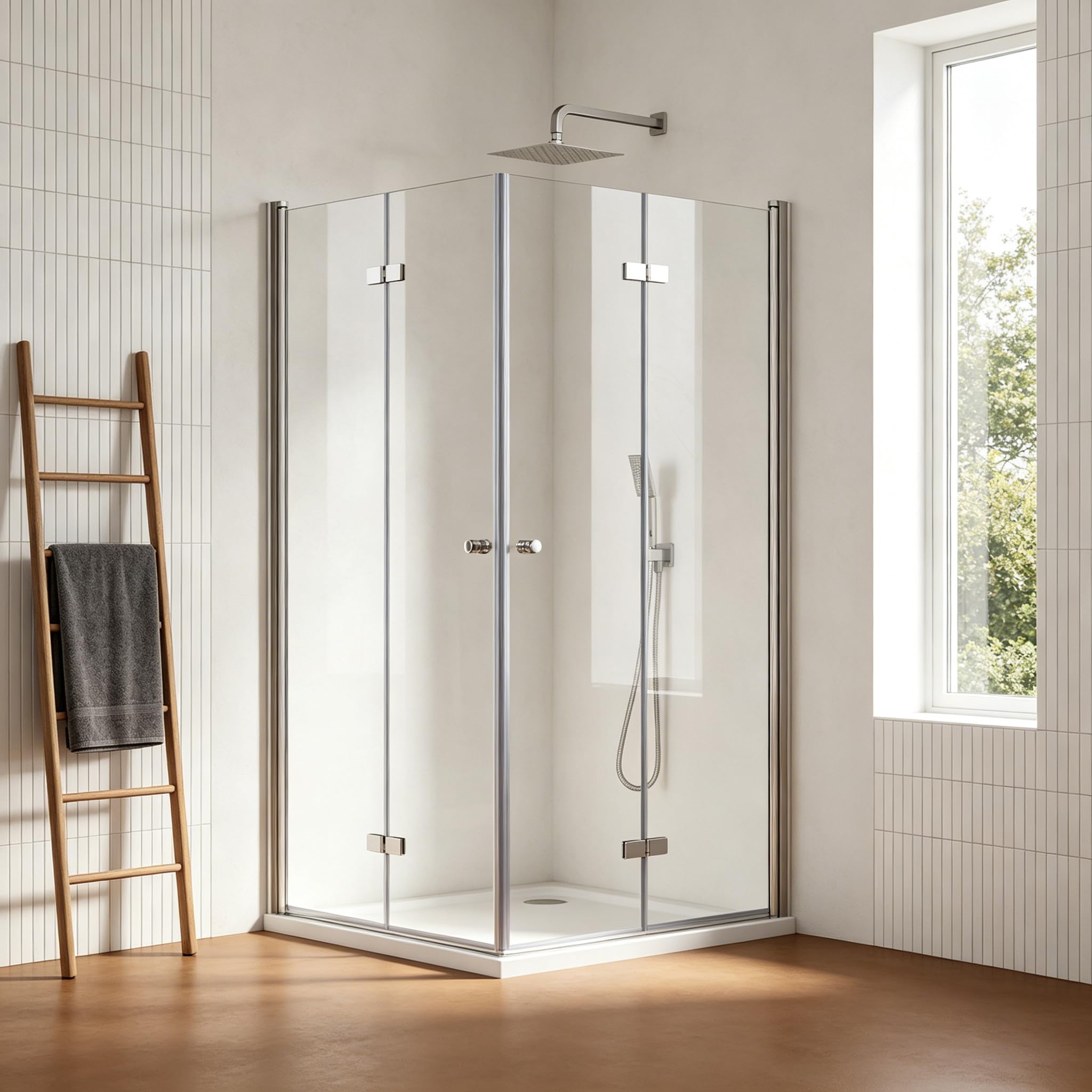 Duschkabine Falttür 90x90 cm Eckeinstieg, 185cm Höhe, mit doppelten faltbaren Duschtüren aus 6 mm ESG-Glas für Dusche, 180º Duschabtrennung Faltbar, ohne Duschtasse