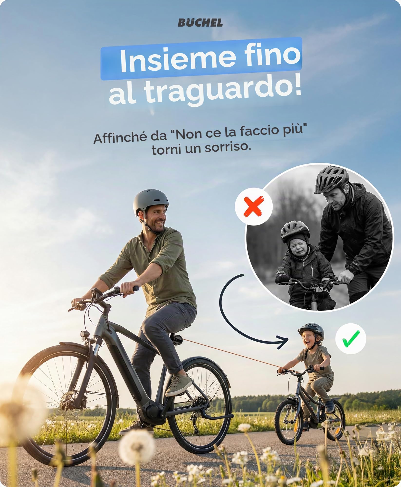 Büchel Corda di traino per bicicletta fino a 120 kg – 2,20 m corda di traino per bambini, con linguetta di estrazione e protezione all'abrasione – Robusto moschettone e 3 montabile, per biciclette per