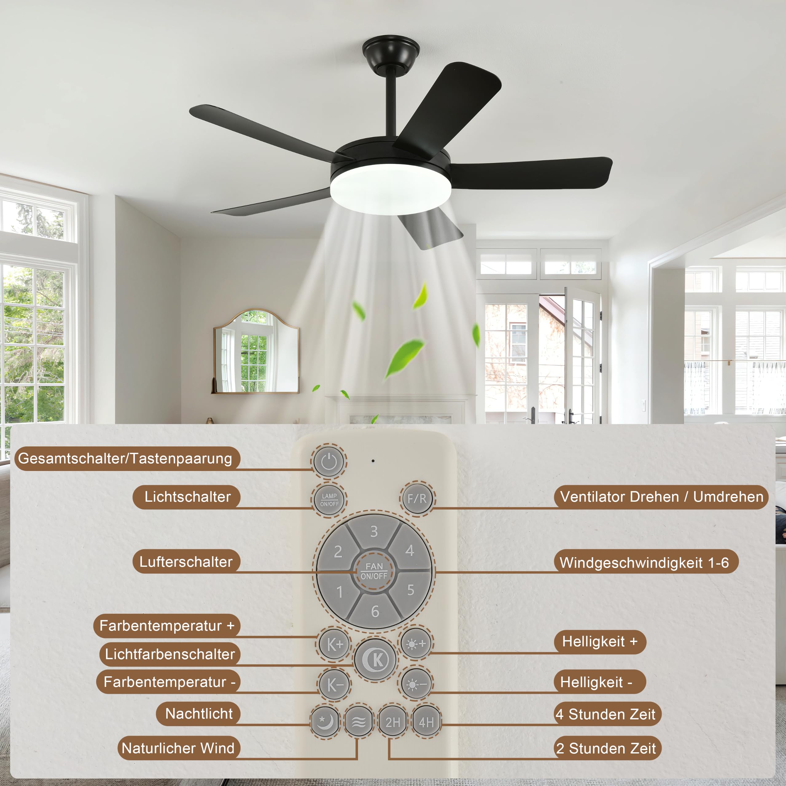 110 CM Schwarz LED Deckenventilator mit Beleuchtung und Fernbedienung Leise | Deckenventilator mit Licht Fernbedienung, 5Flügeln, Timer, 3Farbtemperatur,6Geschwindigkeiten, Motor DC,Sommer Wintermodus