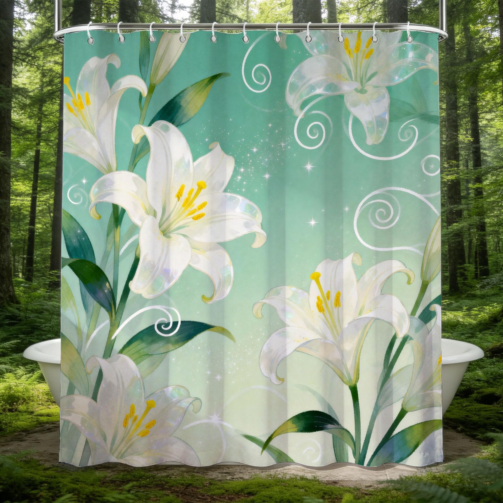 Hongduo 3D White Lily Shower Curtain for Stalls Bathtubs Cartoon Bathroom Decor Shower Curtain Set Polyester Fabric Waterproof 180x180cm/71X71 Inch with Hooks