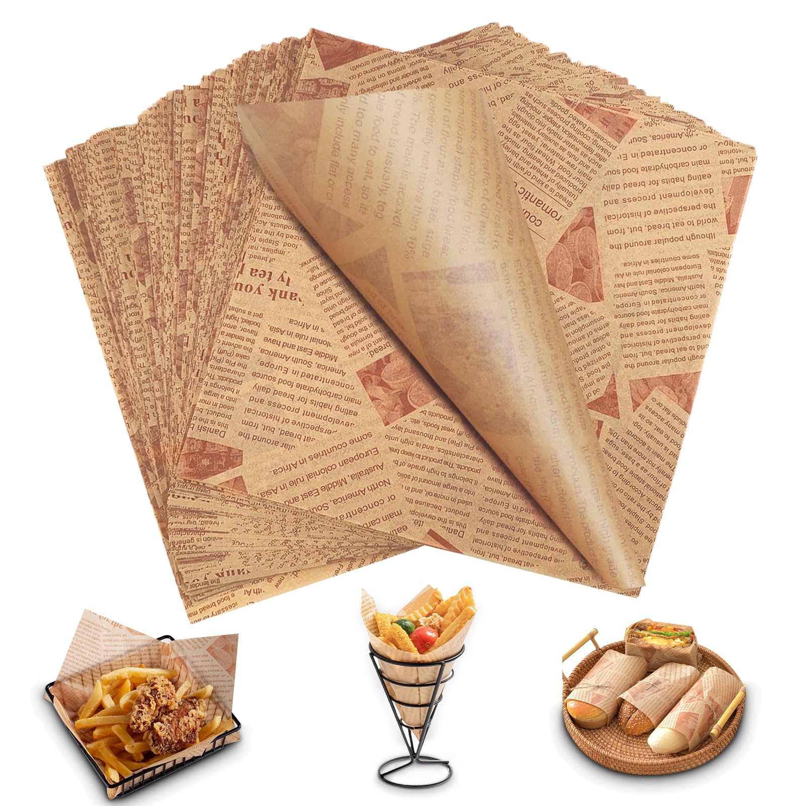 200 Blatt Deli Papierblätter, Backpapier Zeitungsoptik, Einweg Wrap Papier, Fettdichtes Papier für Lebensmittelkörbe, Brotpapier für Pommes Sandwich Burger Butterbrot Käse (15 x 15 cm)
