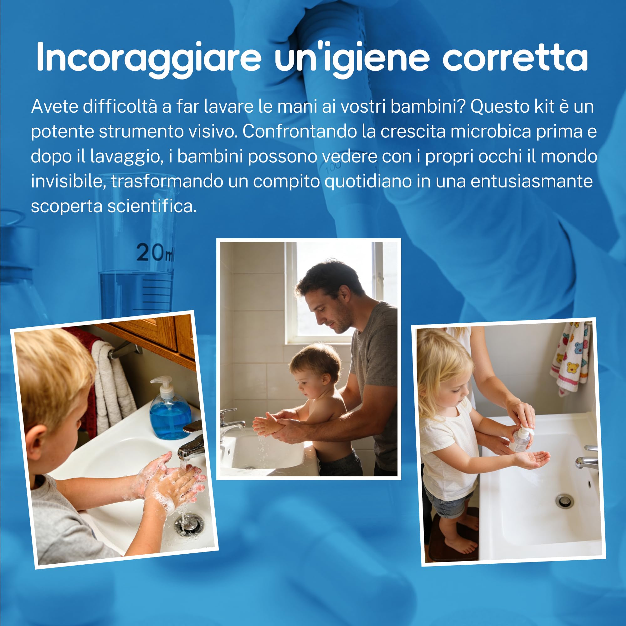 Kit per impronte di batteri per bambini, 2 piastre giganti di agar Petri pre-versate da 150 mm, progetto scientifico per esperimenti di microbiologia, con lente d'ingrandimento e tamponi sterili