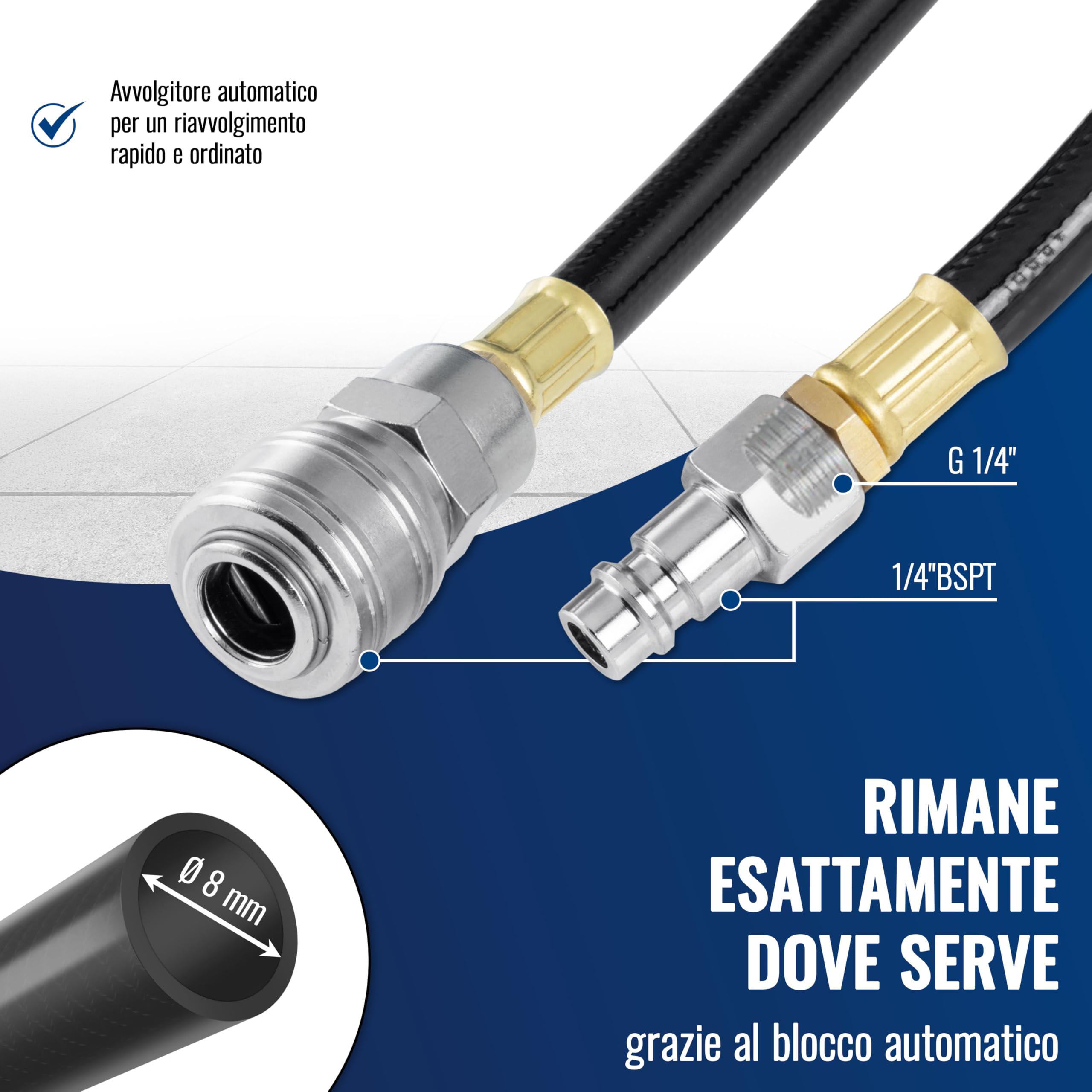 Poppstar Avvolgitubo per tubi ad aria compressa (tubo: 10m + 1m, diametro interno 5/16" (8x12mm), 1/4" BSPT), arrotolatore tubo con riavvolgimento automatico per tubi ad aria compressa