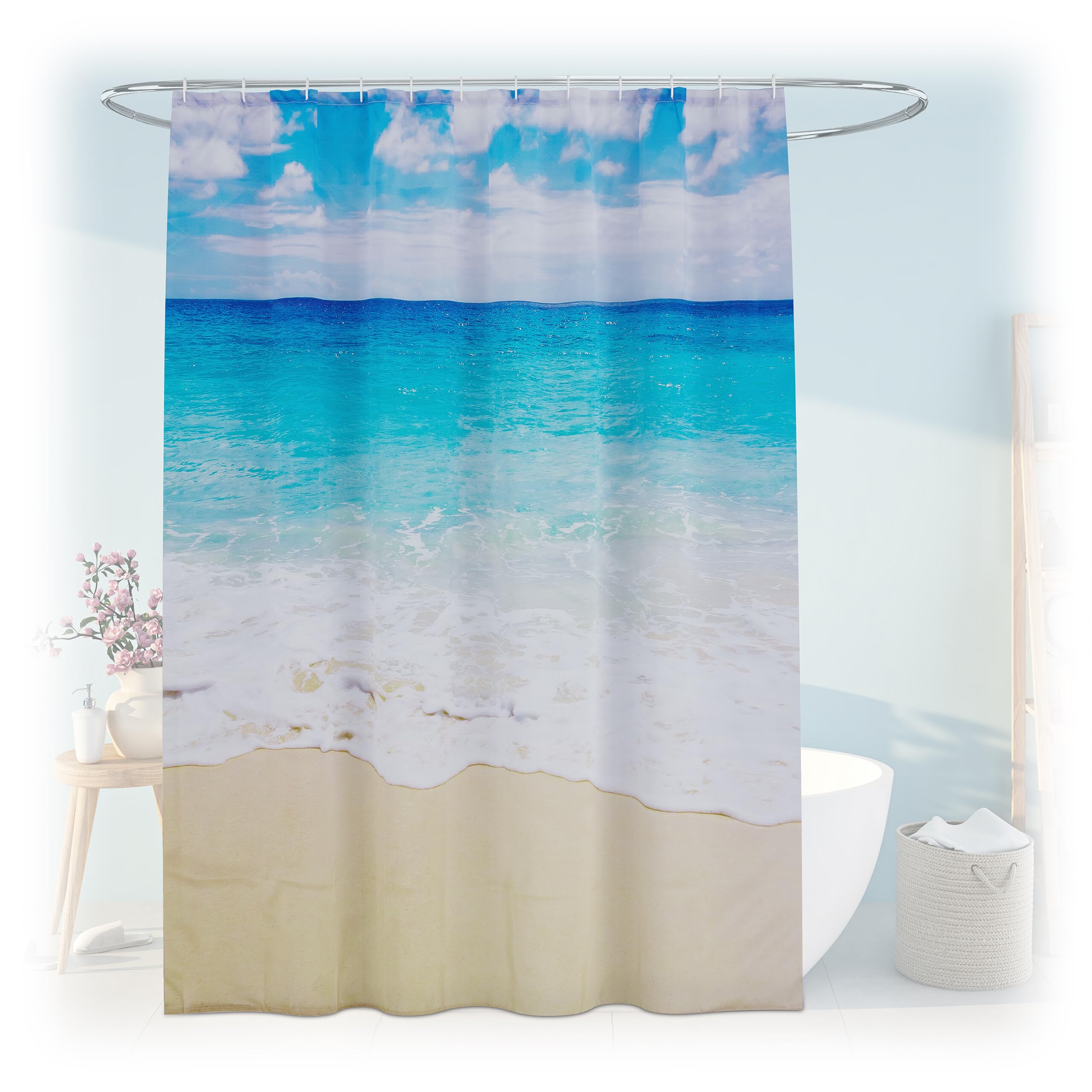 Relaxdays Plaża Design Zasłona Prysznicowa, Łazienka, 180 x 200 cm, Antypleśniowa, Zmywalna, 12 Pierścieni, Do Wanny, Wielobarwna, Poliester