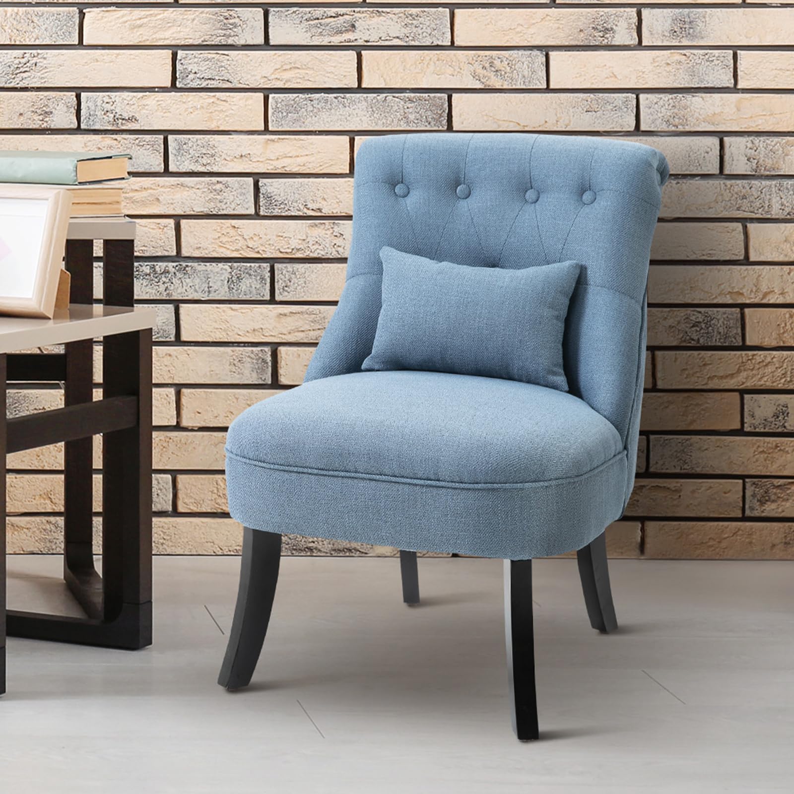 HOMCOM Poltrona per Salotto Imbottita con Cuscino e Piedini Antiscivolo, Poltrona D'Arredo in Tessuto Effetto Lino e Legno, 52.5x69x77 cm, Blu