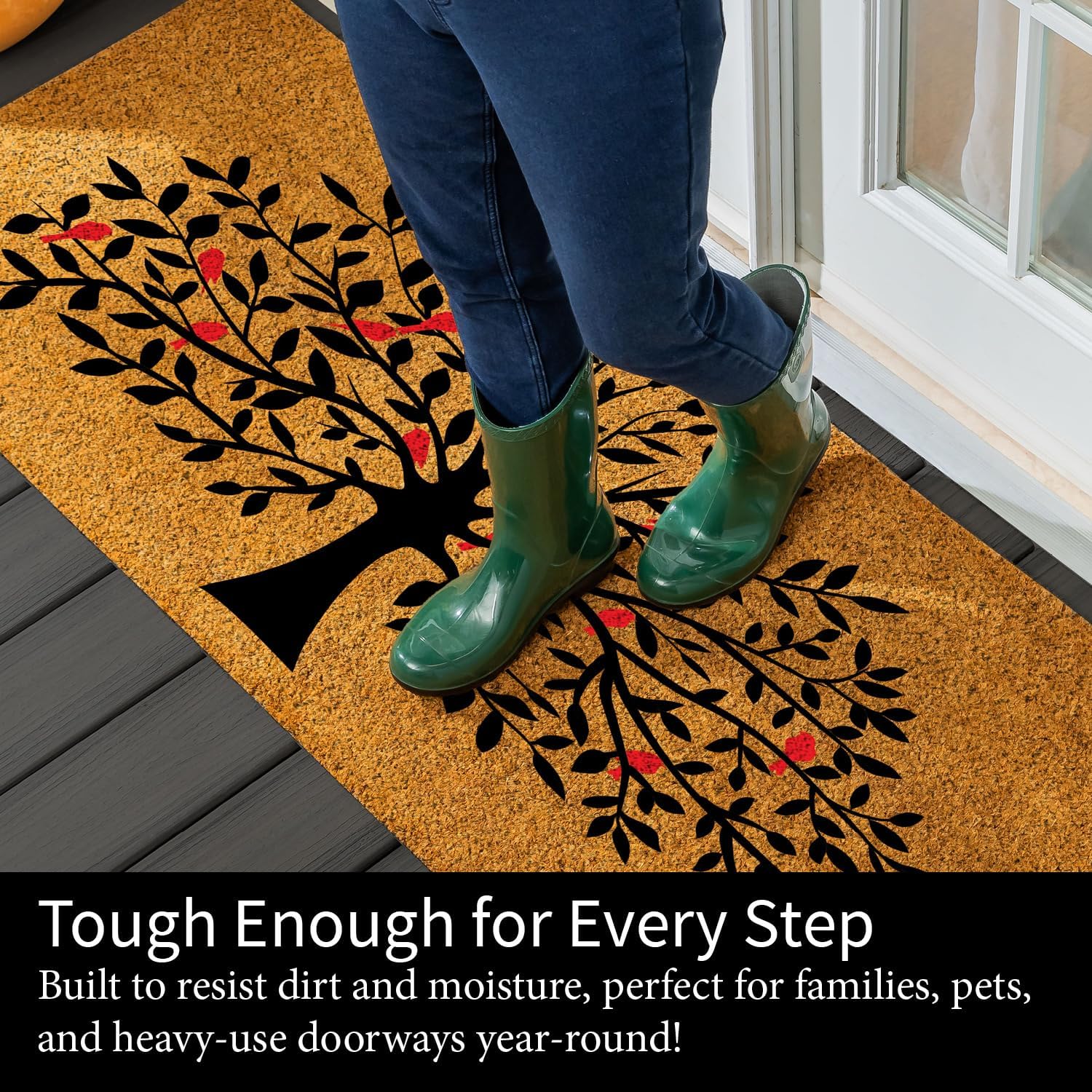 Evergreen Tree of Life Coir Doormat, 2' x 5' Extra Large Front Door Mat, Outdoor Indoor Entrance Rug, Non-Slip Welcome Mat for Double Doors Porch Patio (Red Birds, 24"x60")