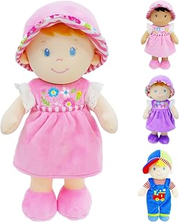 JuneGarden 12" Soft Dolly Emilia Plush Baby Doll - Customizable Huggable Stuffed Doll Gift for Newborns Toddlers Girls Pink Dress
