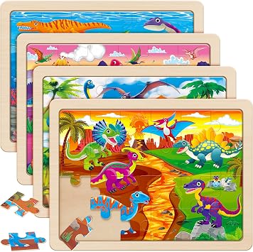 SYNARRY Large Dinosaur Wooden Puzzles for Kids Ages 4-6, 4-in-1 Gift Set