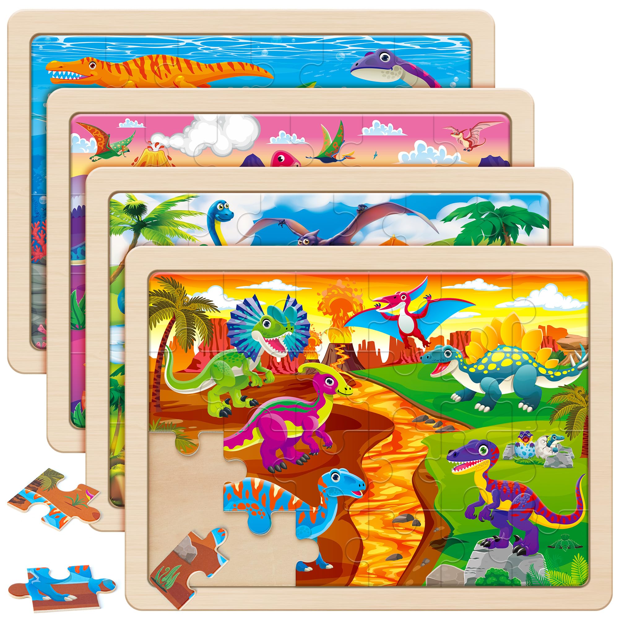 SYNARRY Große Dinosaurier-Holzpuzzle für Kinder, 4 in 1, Geschenkbox, 3-5 Jahre alte Kinder, Dinosaurier-Spielzeug, Geschenke für Kinder von 3-5 Jahren