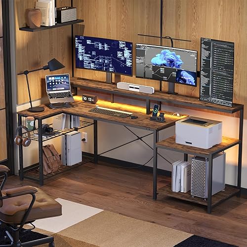 Bestier 71.5 inch Computer Desk with Power Outlets, L Shaped LED Home Office Desk with Long Monitor Stand, Large Corner Desk with Storage Shelf, Cup