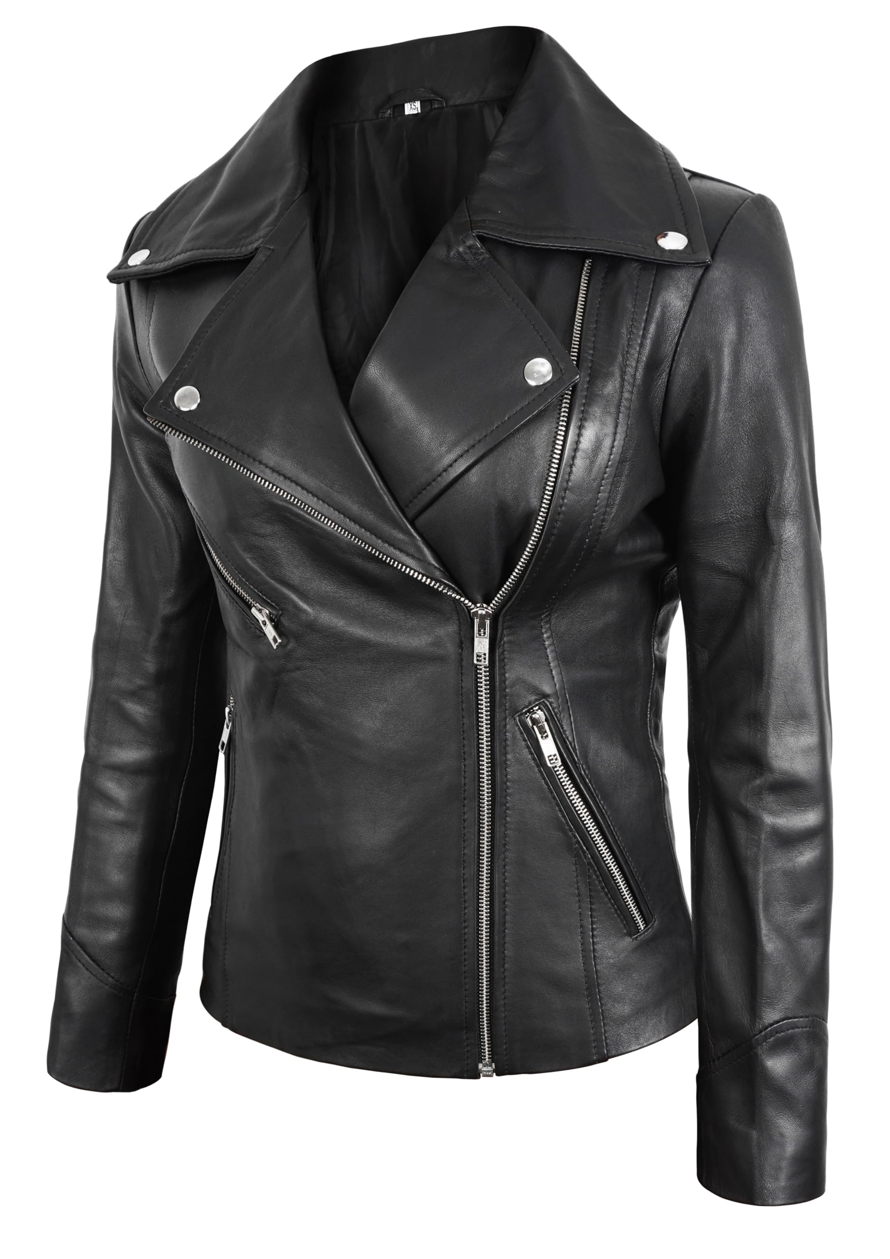 Skyseller Ladies Slim Fit Motorcycle Jacket Black - Women Lambskin Leather Jacket