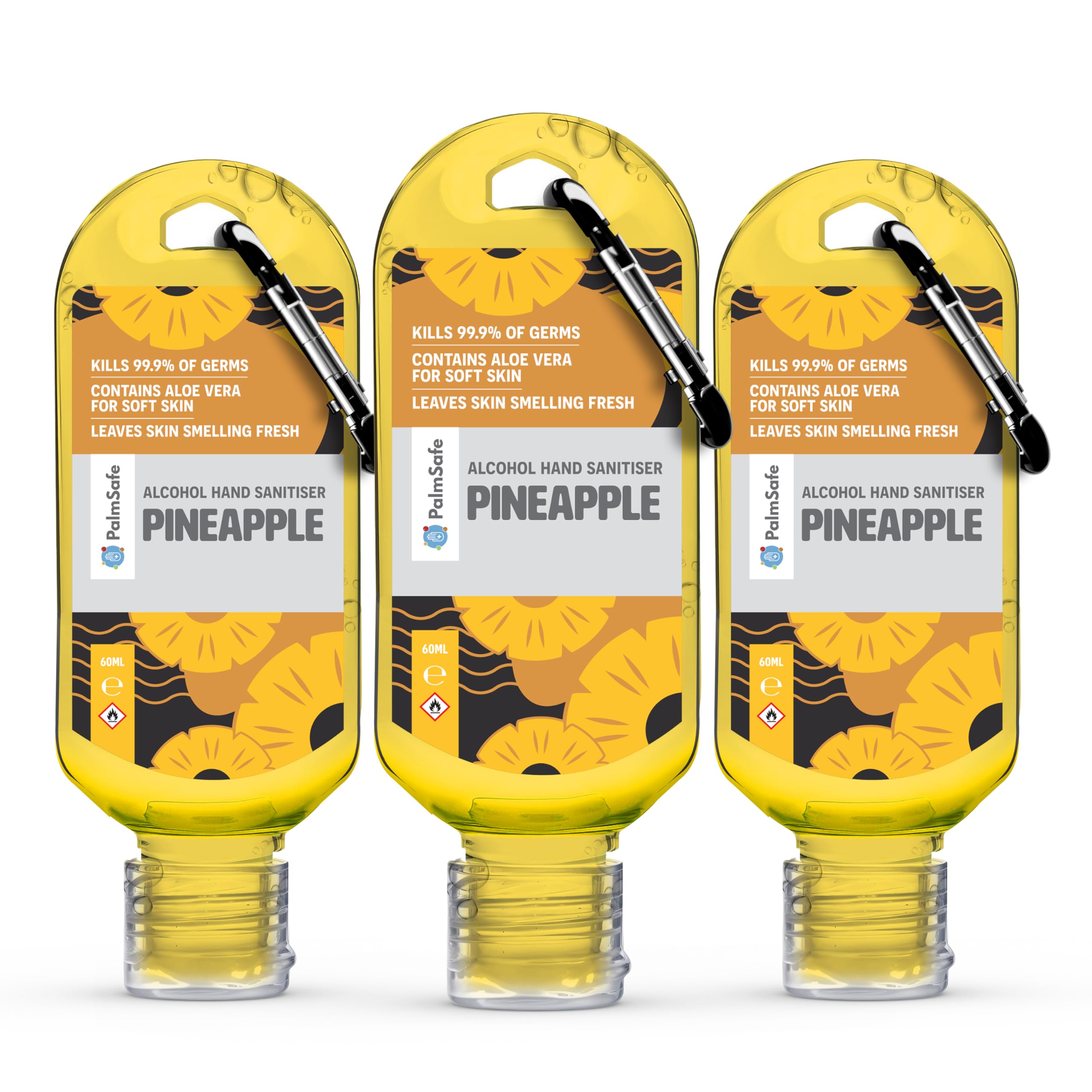 Palm Safe Pineapple 3 Pack 60ml Anti Bacterial Premium Hand Sanitiser Travel Size Refillable Clip Bottle Quick Drying Non Sticky Extra Moisturising Kills 99.9% of Viruses and Bacteria