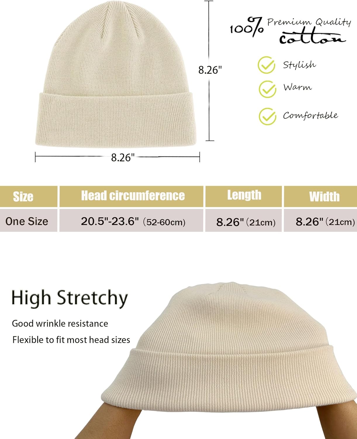 100% Cotton Beanie Hat- Unisex Ultra Soft Winter Warm Stretch Knit Cuffed Hats Fisherman Beanies Skull Cap - Image 2