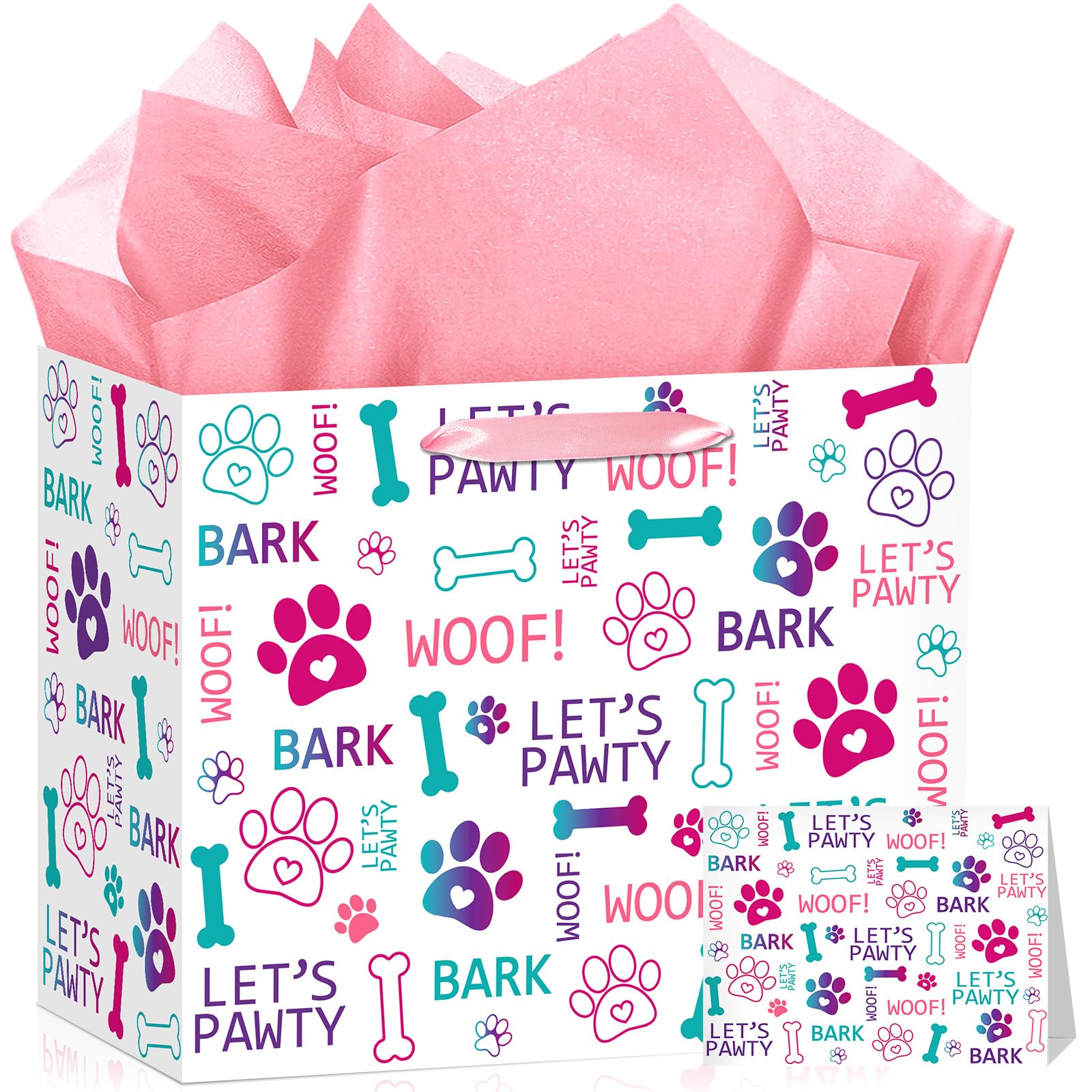 Woosytoo Dog Paw Print Birthday Gift Bags Puppy Favors Goodie Bag with Card Tissue Paper Let's Pawty Party Decorations Blue Dog Paw Wrapping Paper Bag