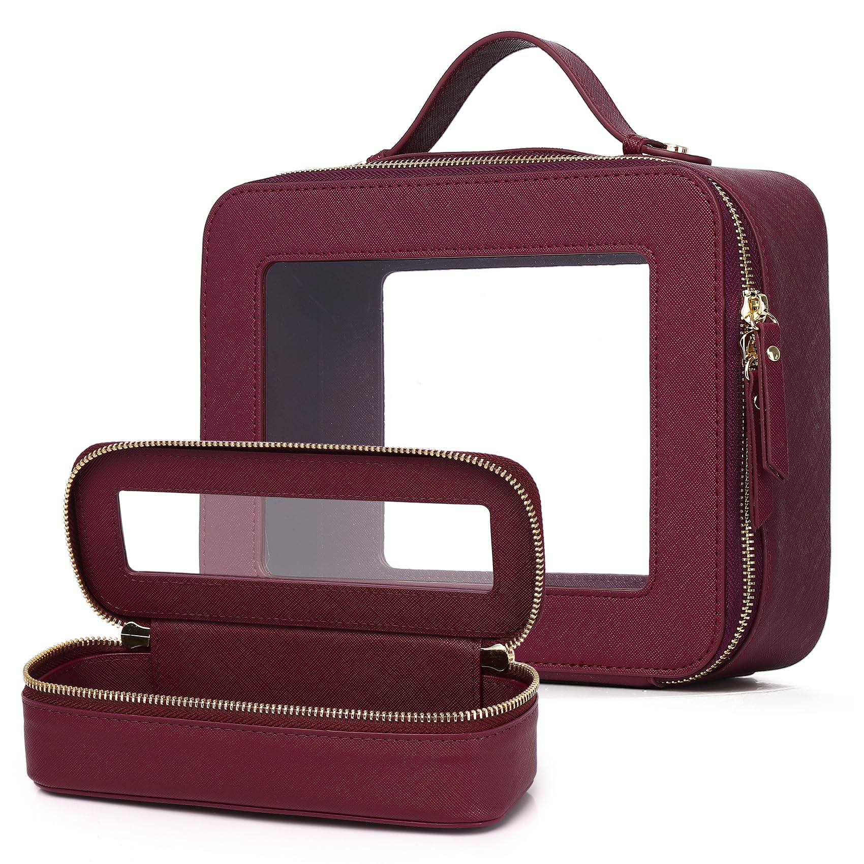 Borsa per trucco trasparente piccola borsa da toilette cosmetica borsa da viaggio impermeabile organizer borsa per trucco per cerniera auto, Borgogna, L+Slim, set di trucchi da viaggio