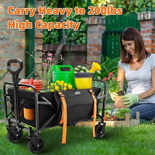 Miniatura 5 de Carro plegable, carrito utilitario resistente con bolsillo lateral, vagones de gran capacidad para compras de comestibles, jardín, playa, picnic,