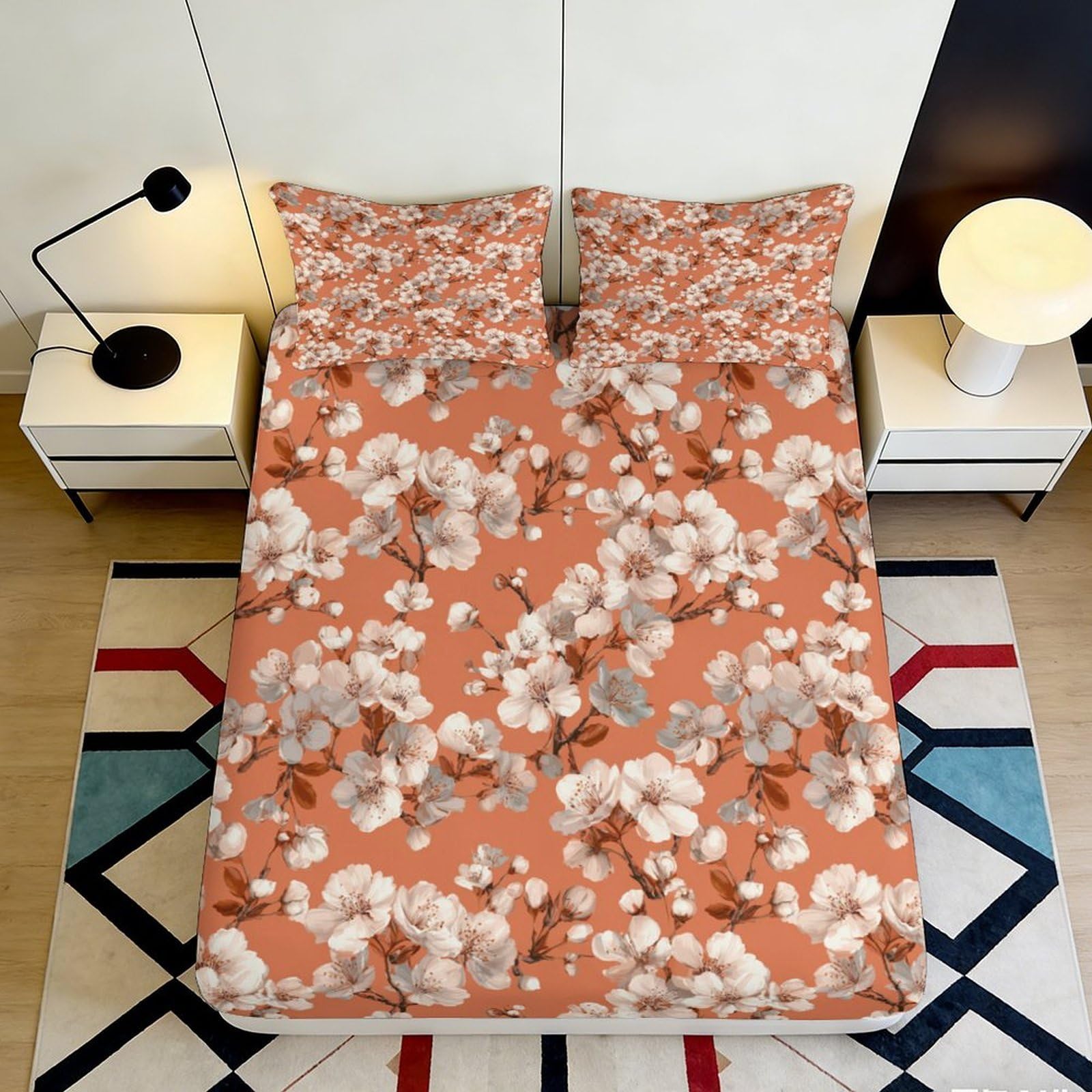 3D Printed Cherry Blossom Fitted Sheet Microfiber Soft Breathable Floral Bed Cover for Bedroom Dormitory Guest Room Mattress Protection Decor 90x200x25cm