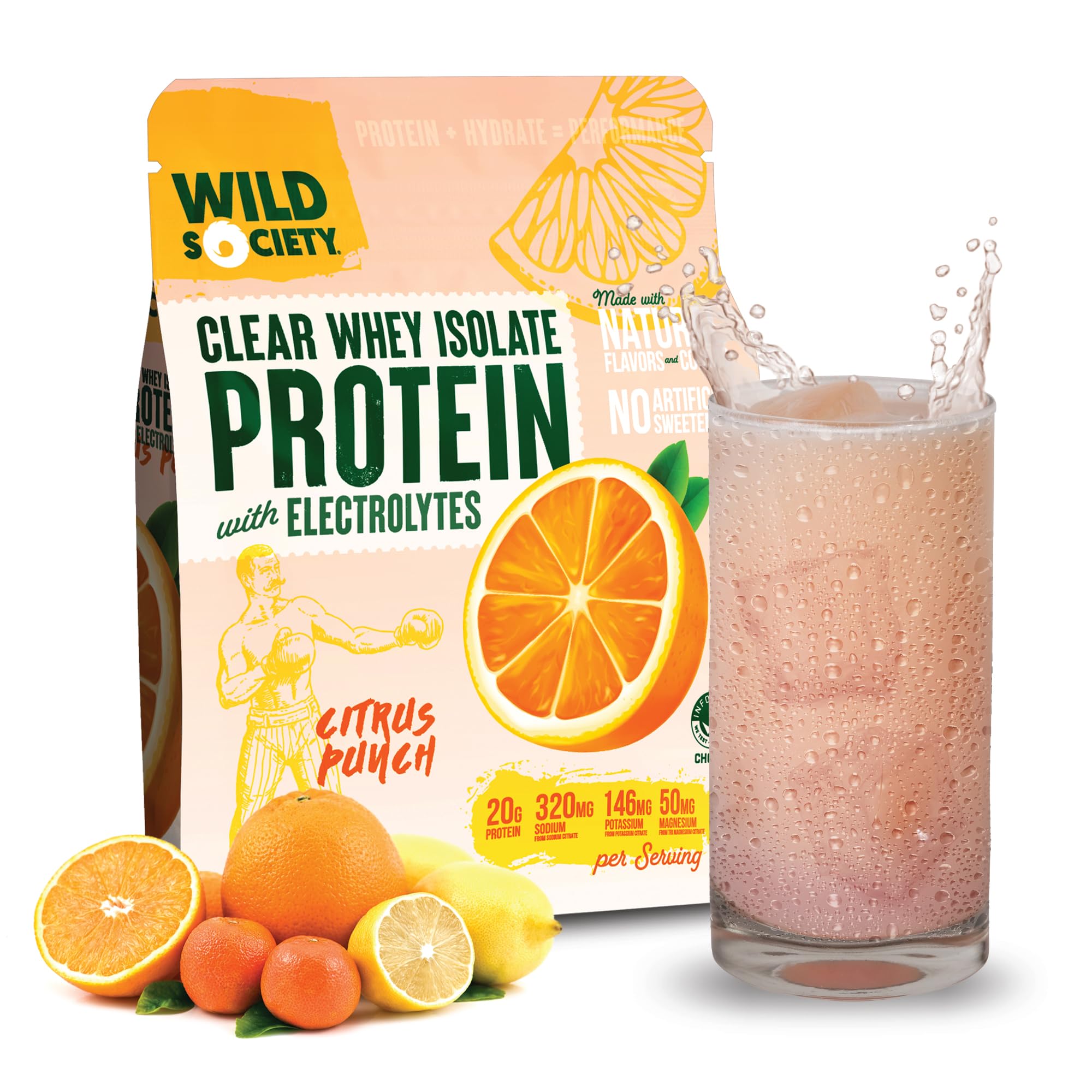 WILD SOCIETY - Clear Protein Powder + Electrolytes - 20g Clear Whey Protein Isolate Drink - Zero Sugar - 0g Lactose - Natural Flavors & Colors - Muscle Post Workout Recovery - Citrus Punch, 16 oz