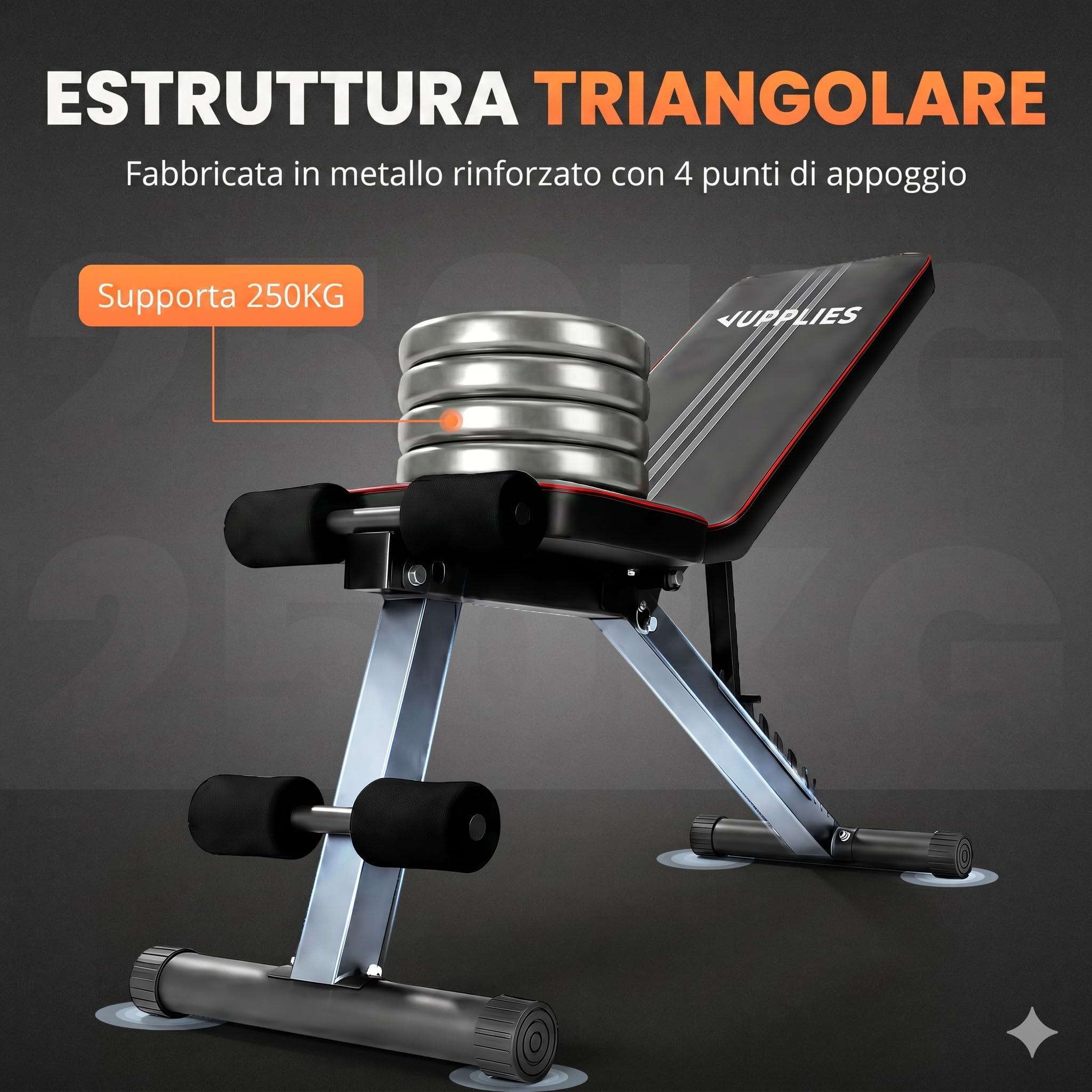 JUPPLIES Panca Pesi Pieghevole Multifunzionale 7 Posizioni | Inclinabile fino a 90° | Capacità 250kg | 2 Fasce Elastiche Incluse | Panca Palestra Casa + Tappeto Puzzle 36 Pezzi