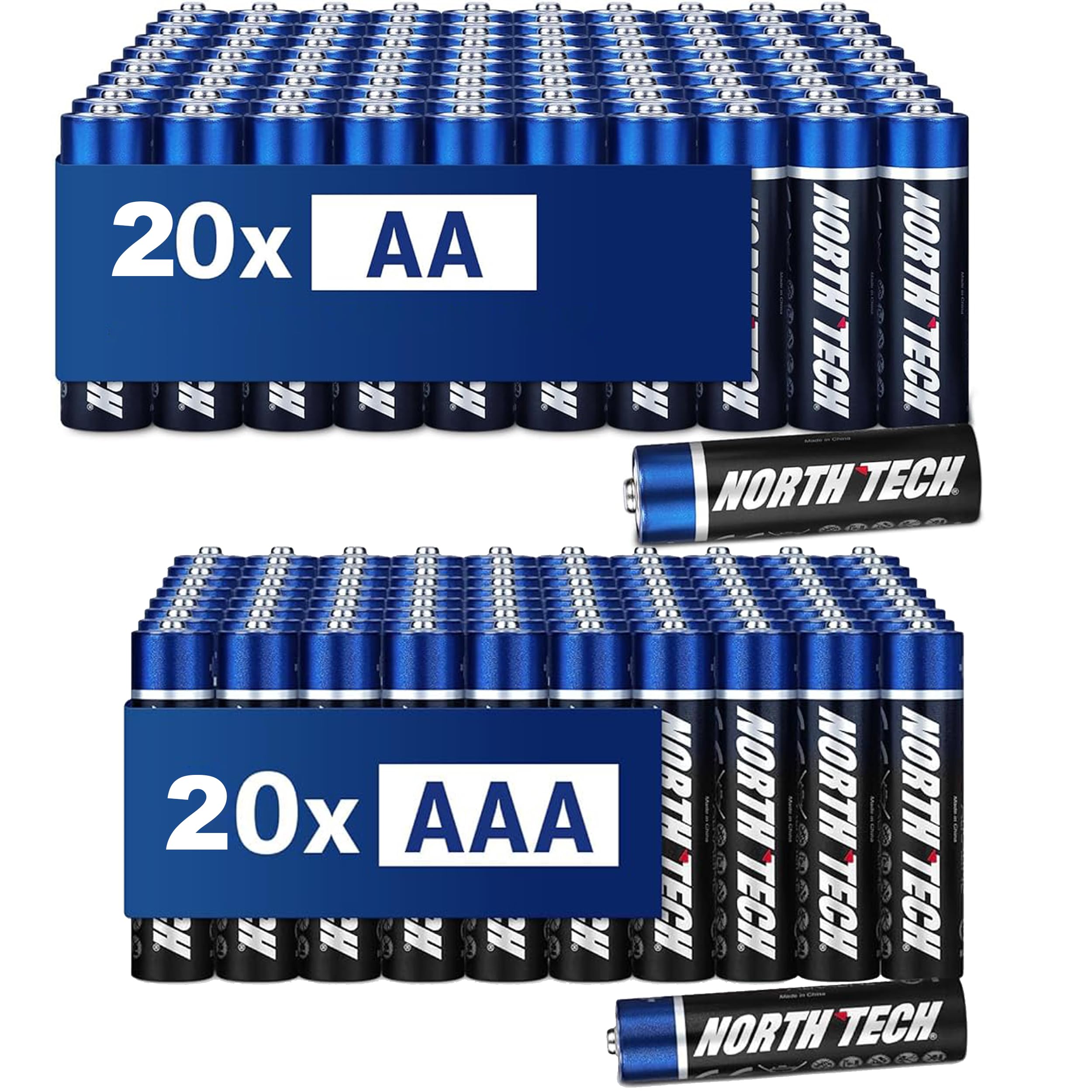 North Tech Ultra Alkaline Batterie-Set I 20 Stück AA + 20 Stück AAA Batterien 1,5V I 10 Jahre Lagerfähigkeit I Batterie Radio, Fernbedienung, Taschenlampe und Spielzeug für Kinder