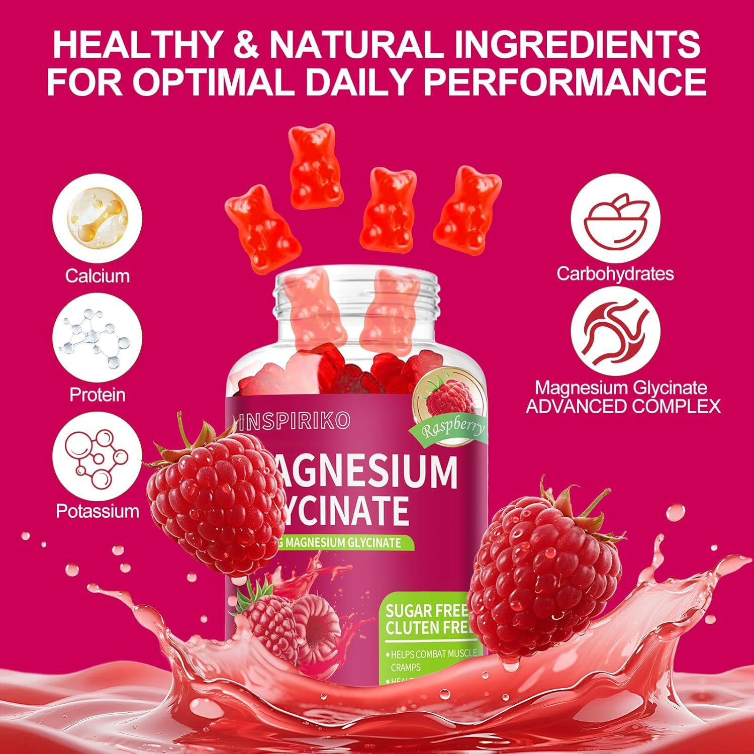 Magnesium Glycinate Gummies 1000mg - Sugar-Free Magnesium Potassium Supplement with Vitamin D, B6, CoQ10 for Adults & Kids,High Absorption for Calm Mood & Sleep Support - 60 Raspberry Gummies - Image 2