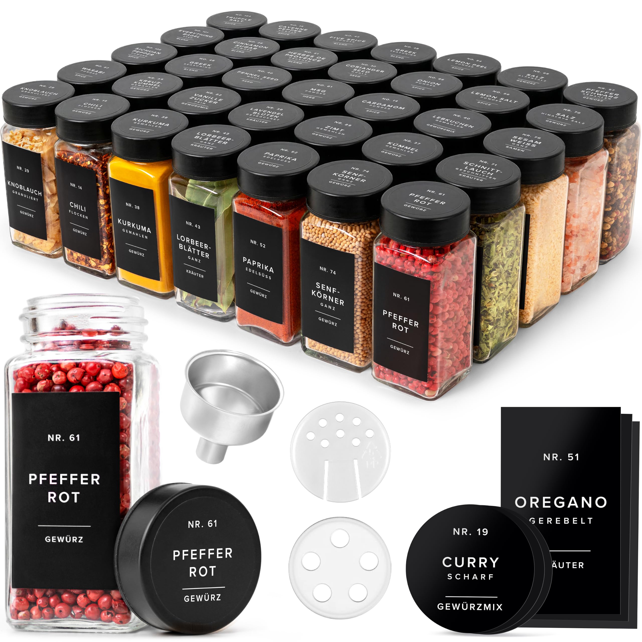 EDELHAUS Gewürzgläser Eckig Set mit Edelstahl Deckel (24 x 120ml) Gewürzstreuer mit Streueinsatz und 240 Etiketten - Hochwertige Gewürzbehälter, Gewürzdosen, Gewürze organizer [10,7cm x 4,5cm]