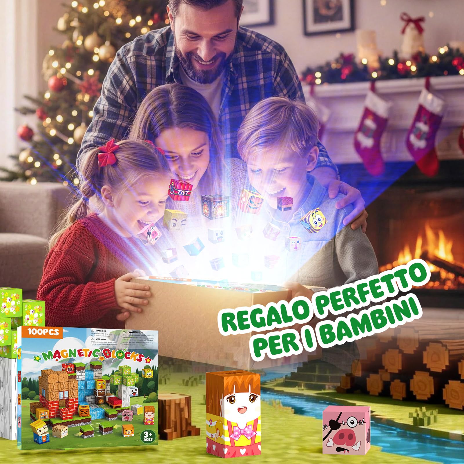 Costruzioni Magnetiche per Bambini 100 PCS 2CM 3+ Giochi Cubi Magnetici Blocchi Magnetic Building Blocks Giocattoli Montessori a Partire da 3 4 5 6 7 8 9 10 11 12 Anni Regali (La foresta)