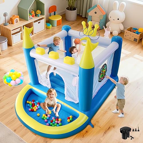 Mini casa inflable con hoyo de bolas, castillo animoso de PVC 5 en 1 para niños con bomba de aire eléctrica, casa de salto de corona pequeña para