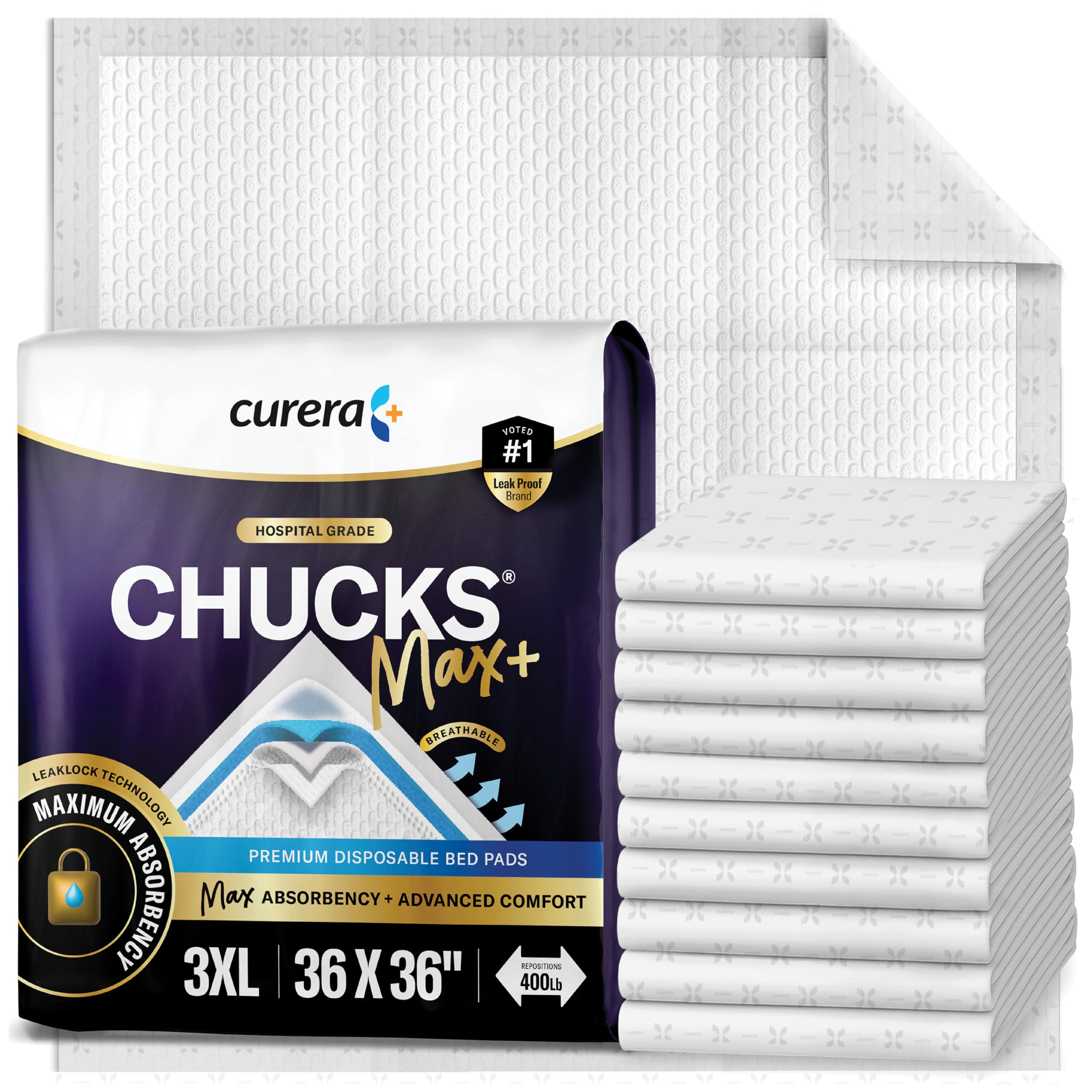 chucks® max+ hospital bed pads disposable adult 36 x 36 incontinence pads - xxx-large pee pads for elderly adults. extra heavy duty absorbency, breathable soft padded repositioning underpads 10-pack