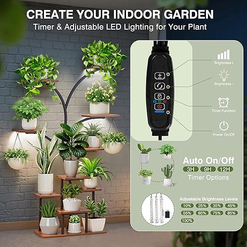 Miniatura 5 de VECELO Soporte para plantas con luz de crecimiento, estante para plantas de 10 niveles con LED de espectro completo, marco de metal y estantes de