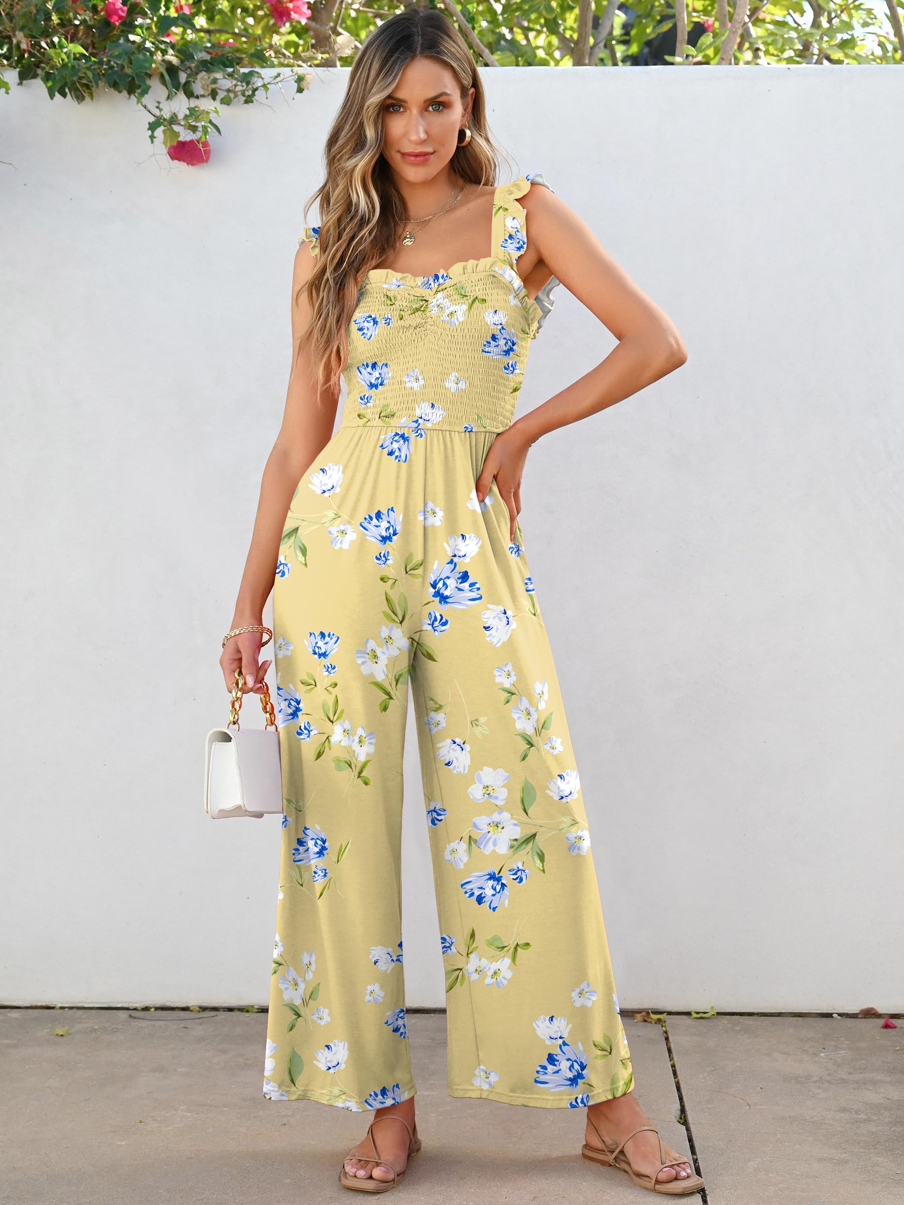 Caracilia Womens Jumpsuit Sleeveless Casual Dressy Smocked Wide Leg Rompers Summer Vacation Jumpers with Pockets 2025 Outfits